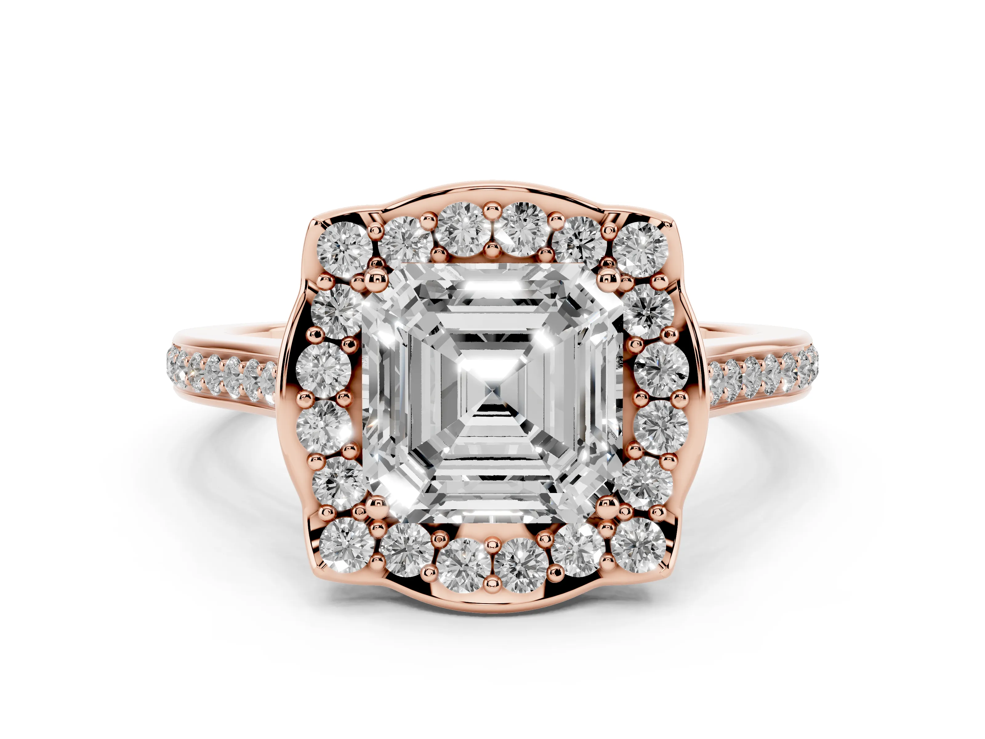Asscher Cut Diamond Halo Ring Set in Rose gold with Pavé-Lined Shoulders and Prong Setting