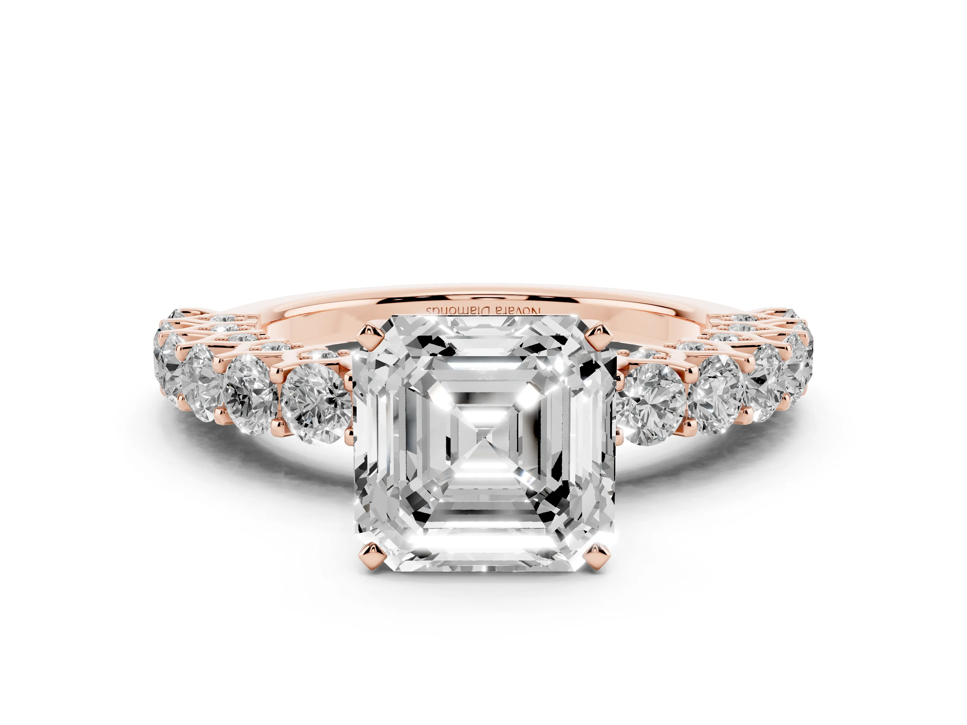 Asscher Cut Diamond Solitaire Ring Set in Rose gold with Shared Prong Pavé Band