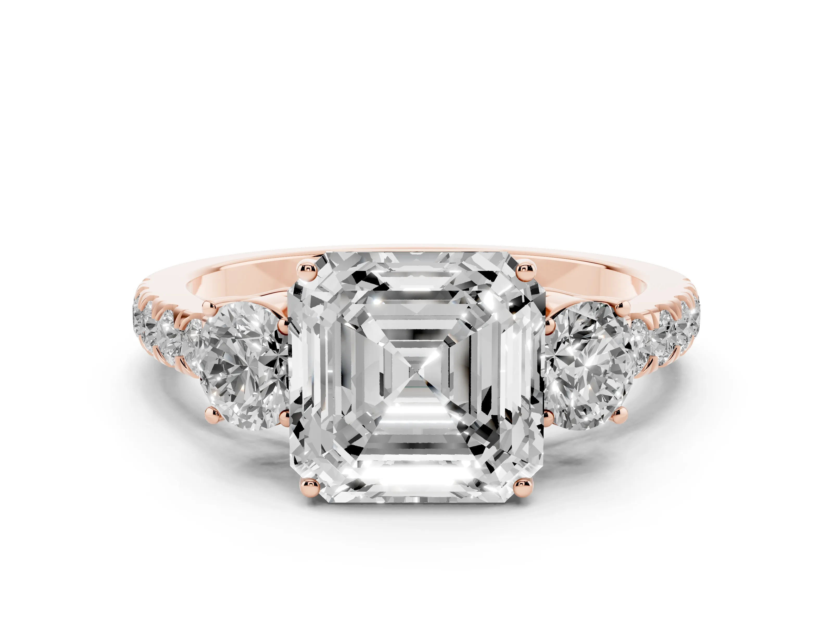 Asscher Cut Diamond Three-Stone Ring Set in Rose gold with Round Side Stones and Delicate Pavé Band