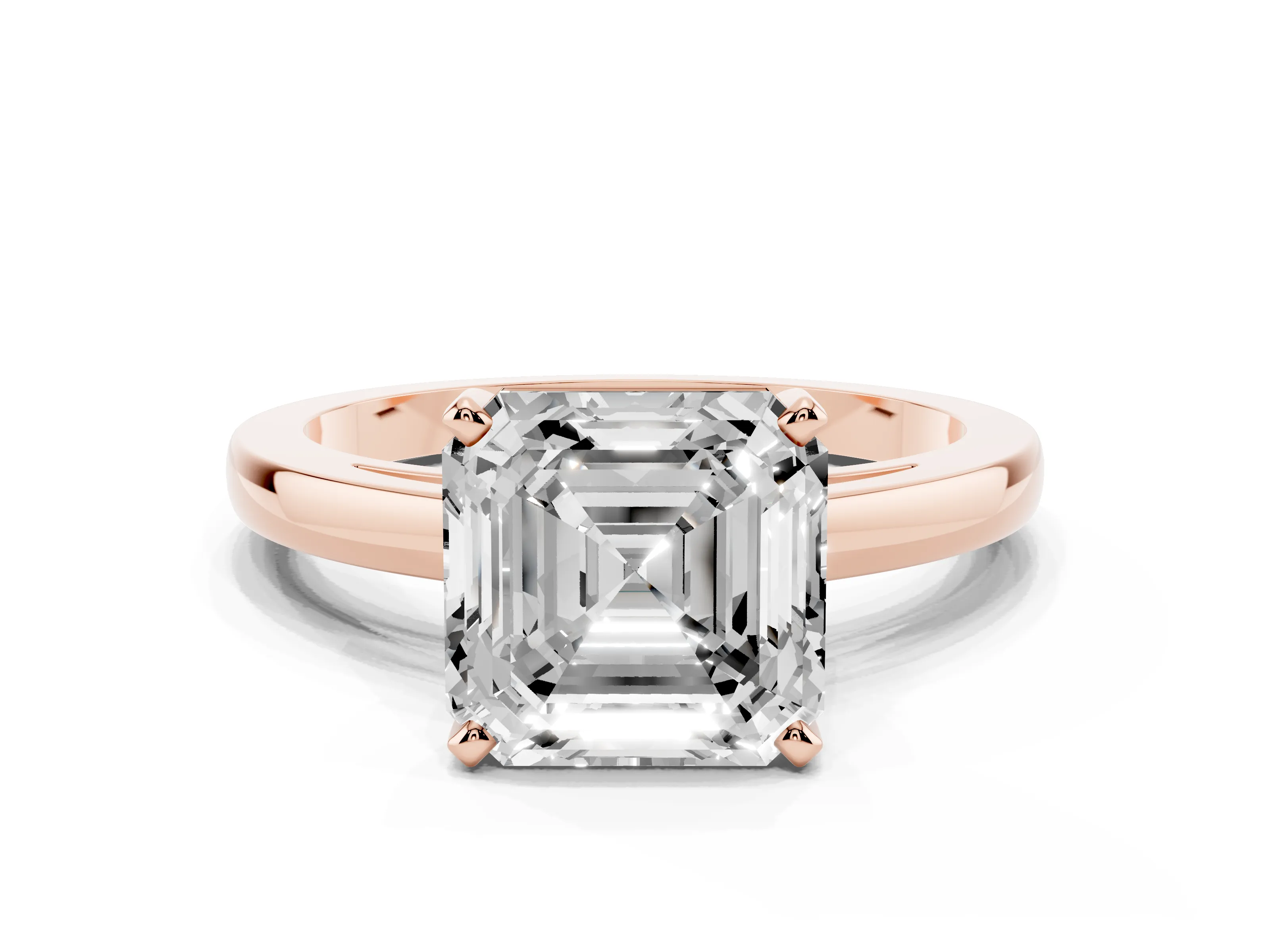 Asscher Cut Diamond Solitaire Engagement Ring Set in Rose gold with Prong Setting on a Classic Band