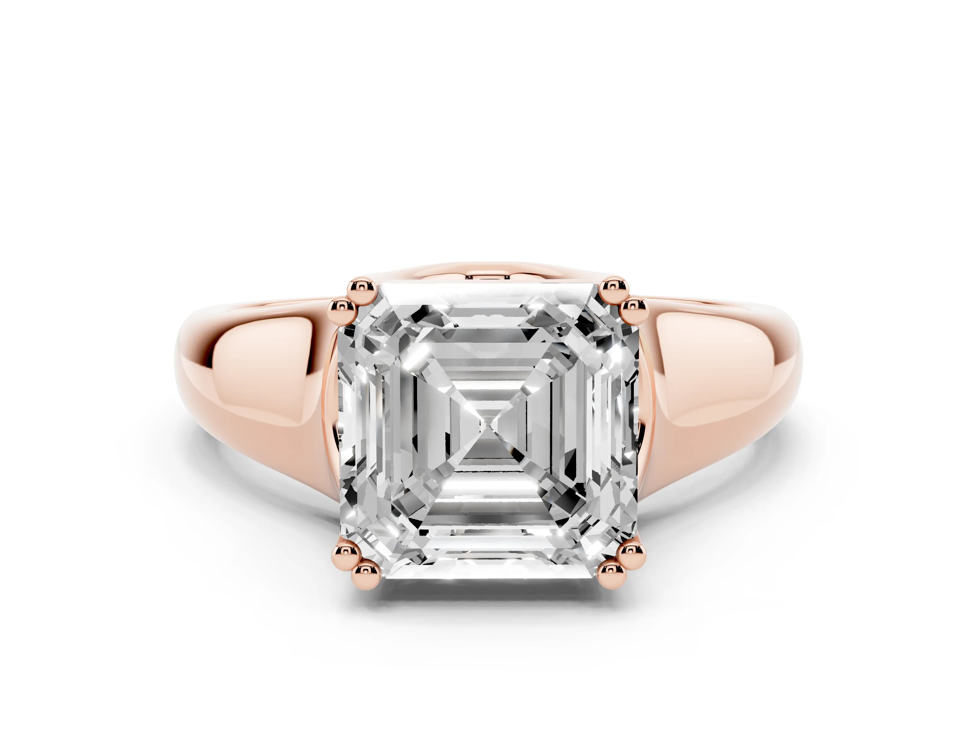 Asscher Cut Diamond Solitaire Ring Set in Rose gold with Wide Band and Prong Setting