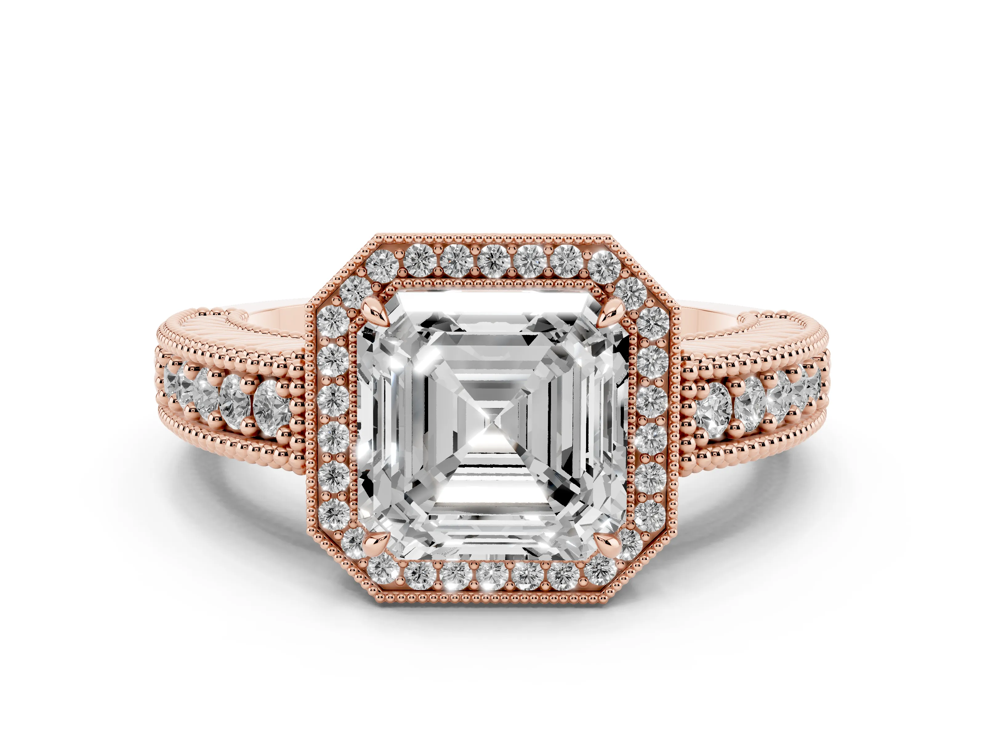 Asscher Cut Diamond Halo Ring Set in Rose gold with Round Accent Halo, Pavé Band and Prong Setting