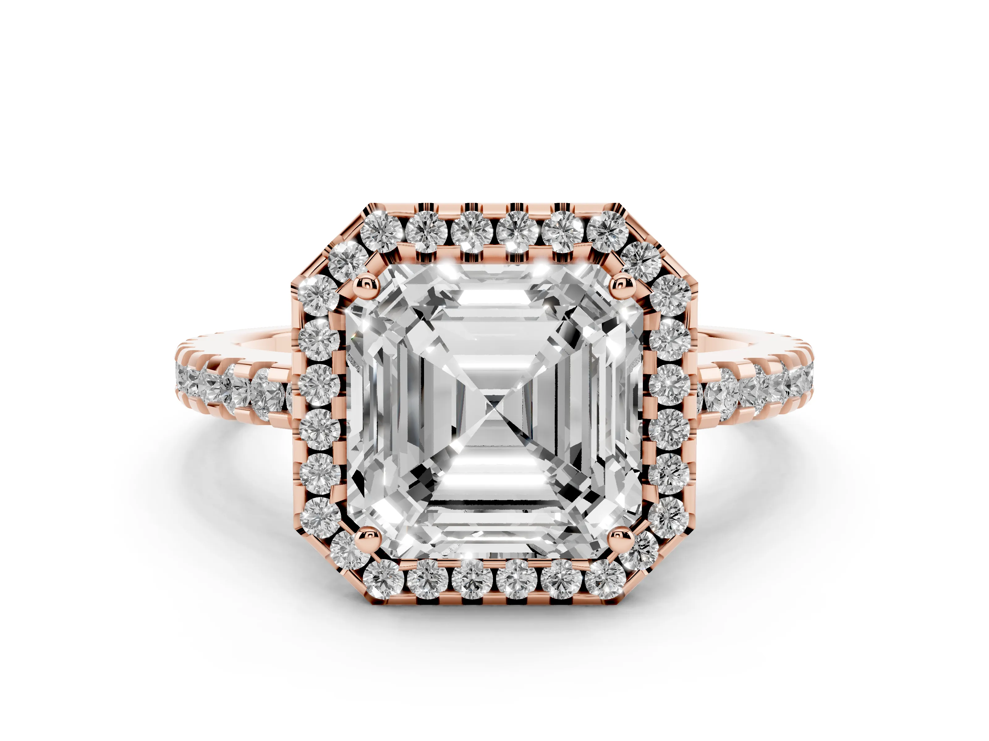 Asscher Cut Diamond Halo Ring Set in Rose gold with Pavé Shoulders and Halo-Framed Center