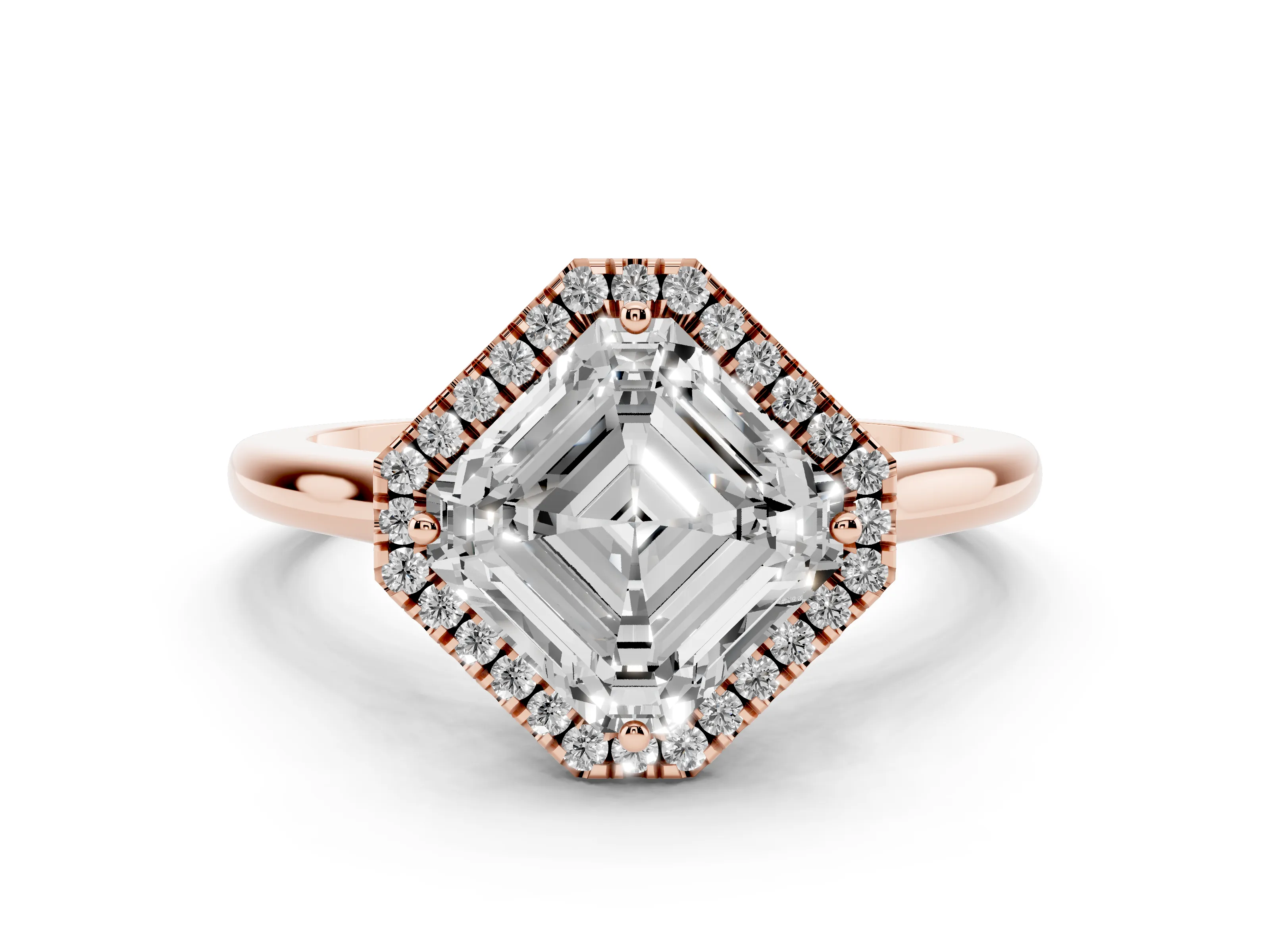 Asscher Cut Diamond Halo Engagement Ring Set in Rose gold with Pavé Band and Rising Shoulders