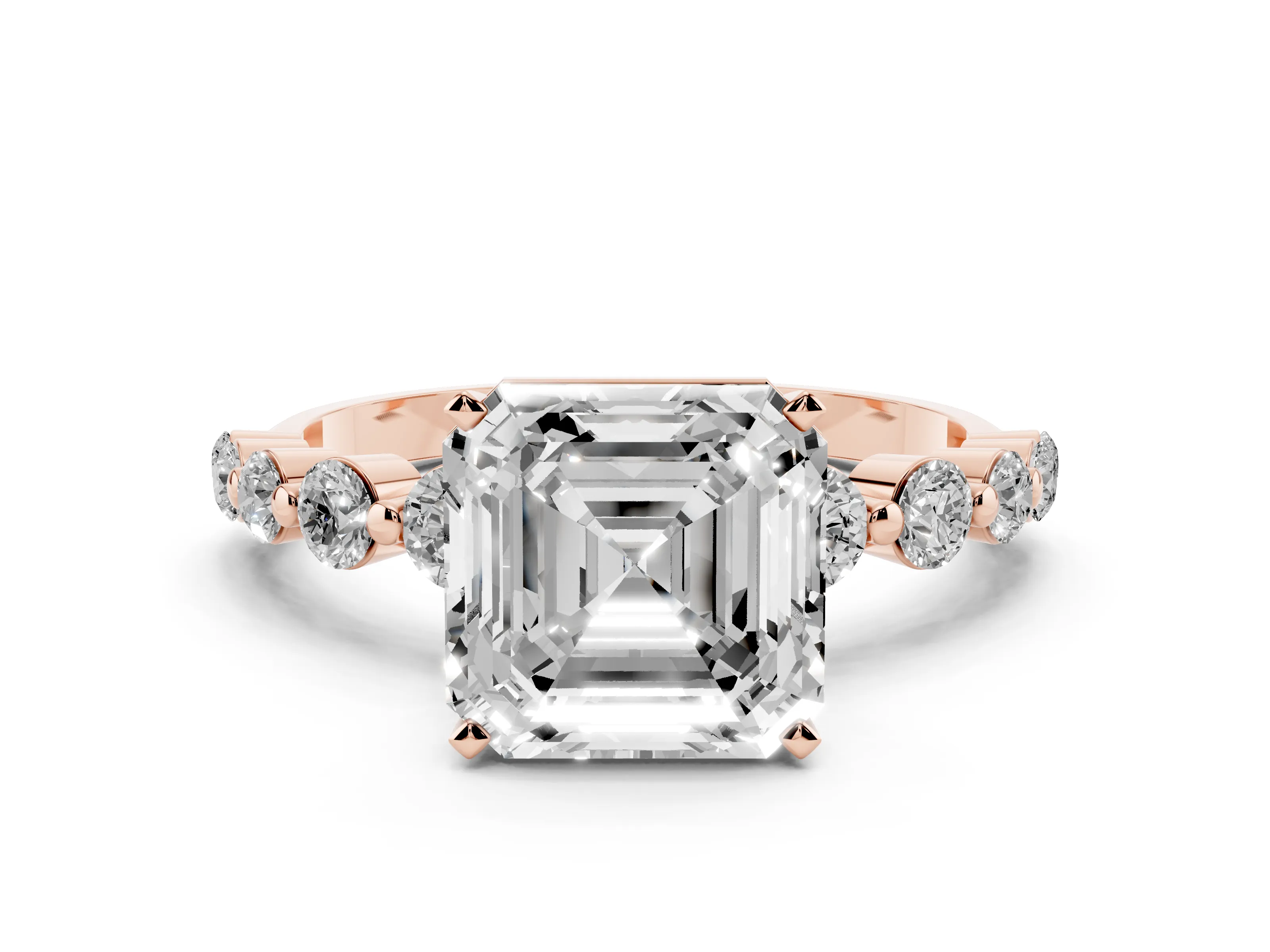 Asscher Cut Diamond Solitaire Ring Set in Rose gold with Pavé Band and Prong Setting