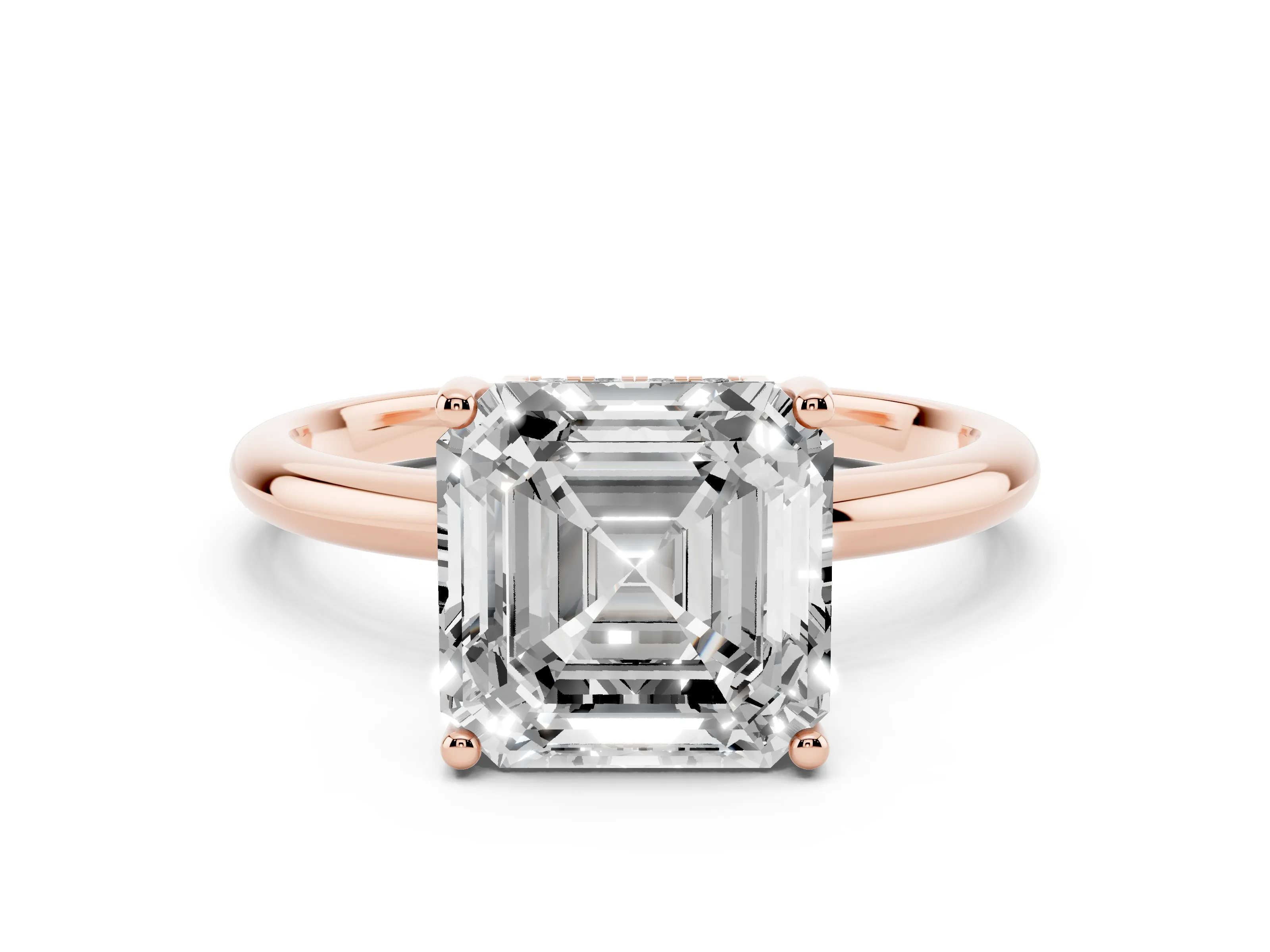 Asscher Cut Diamond Solitaire Engagement Ring Set in Rose gold with Prong Setting and Polished Band