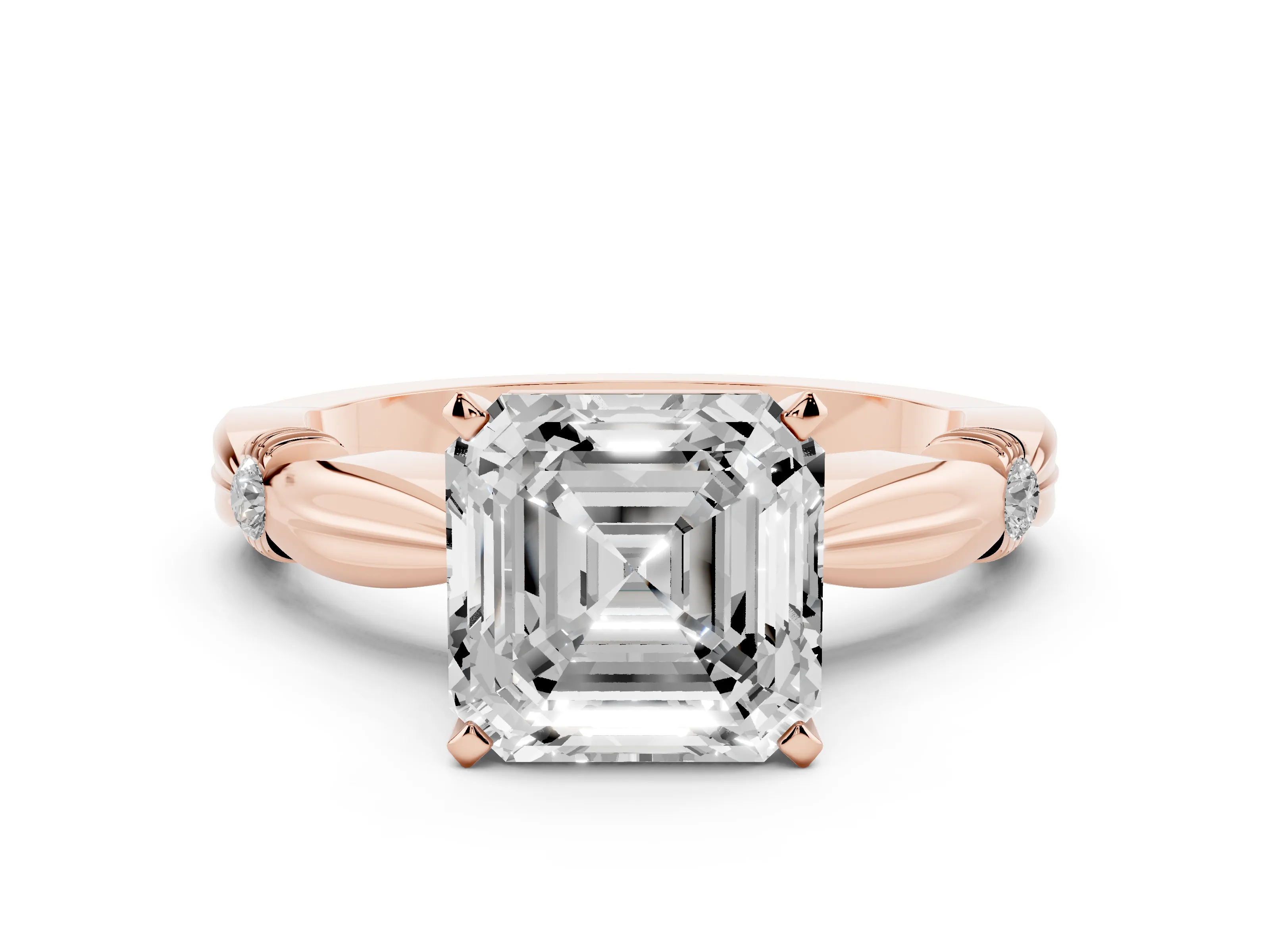 Asscher Cut Diamond Solitaire Twisted Band Ring Set in Rose gold with Accent Stones and Prong Setting