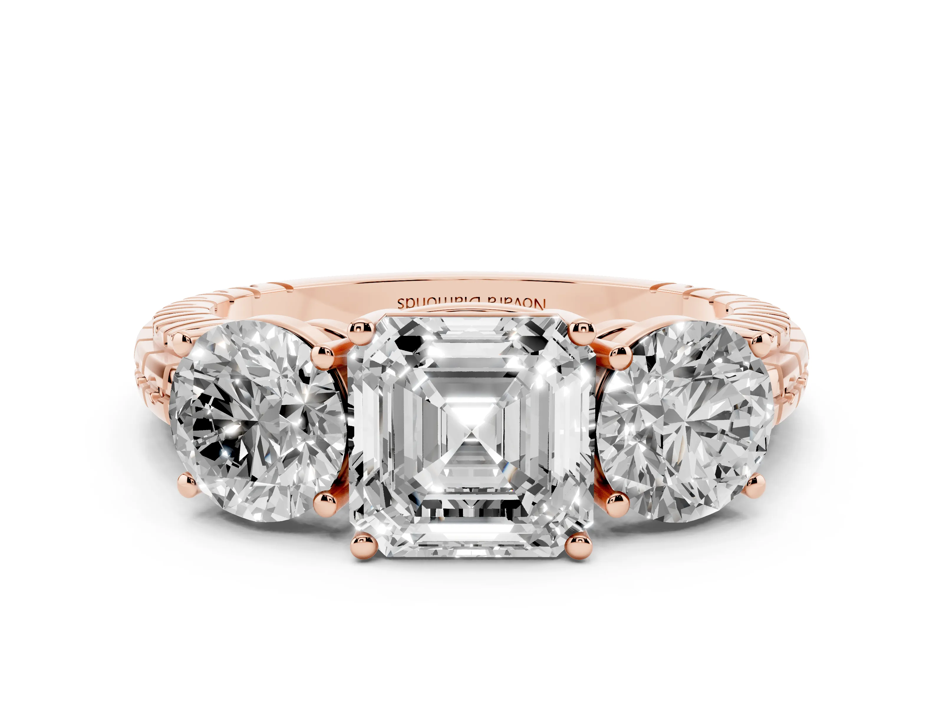 Asscher Cut Diamond Three-Stone Ring Set in Rose gold with Channel-Set Accent Band
