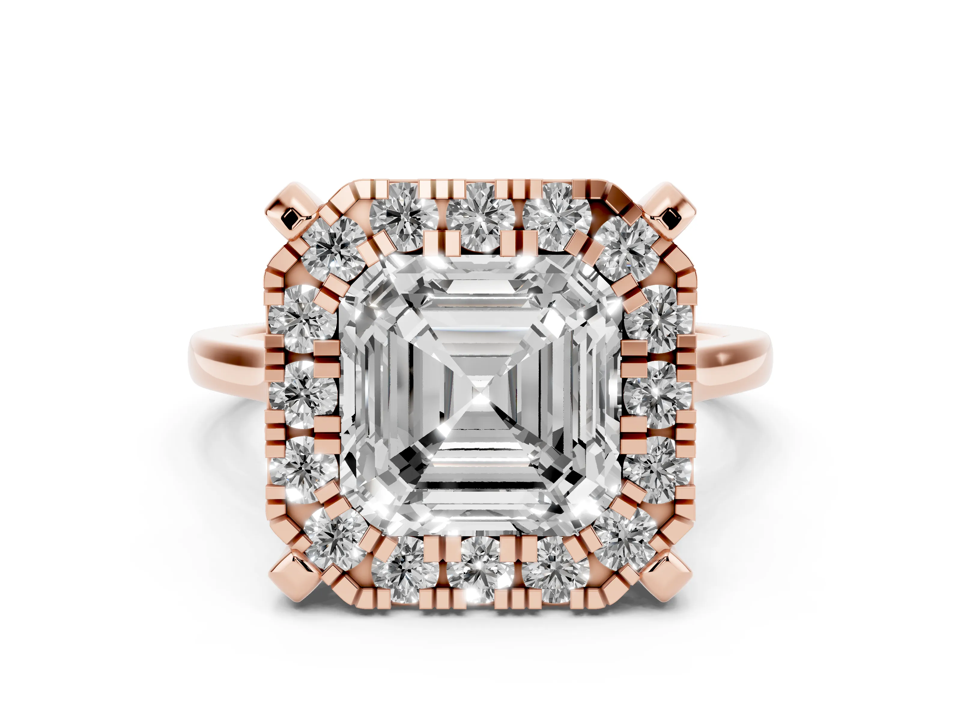Asscher Cut Diamond Cluster Halo Solitaire Ring Set in Rose gold with Prong Setting
