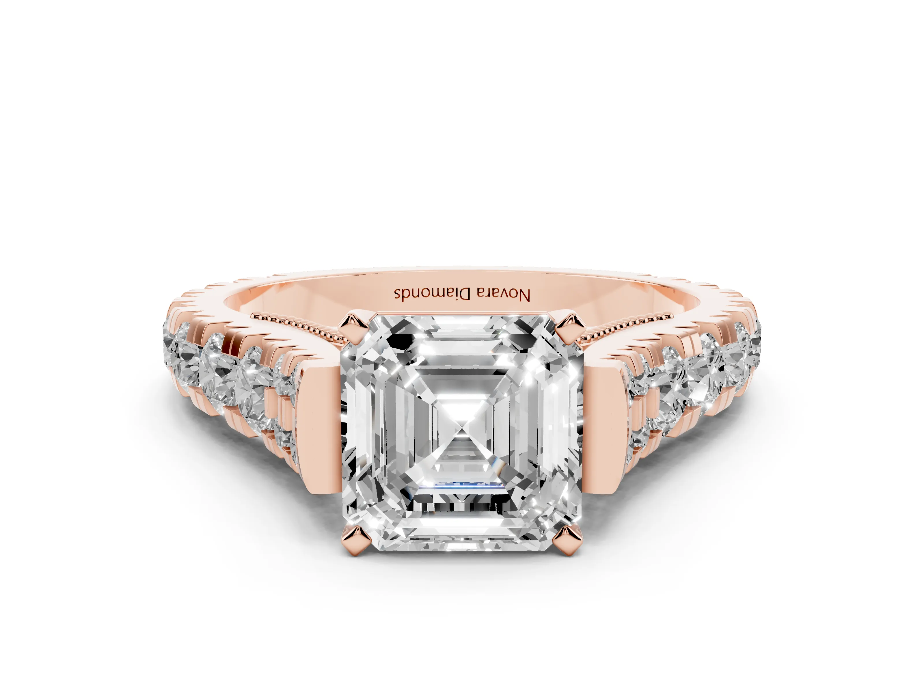 Asscher Cut Diamond Classic Solitaire Ring Set in Rose gold with Pavé Band and Prong Setting