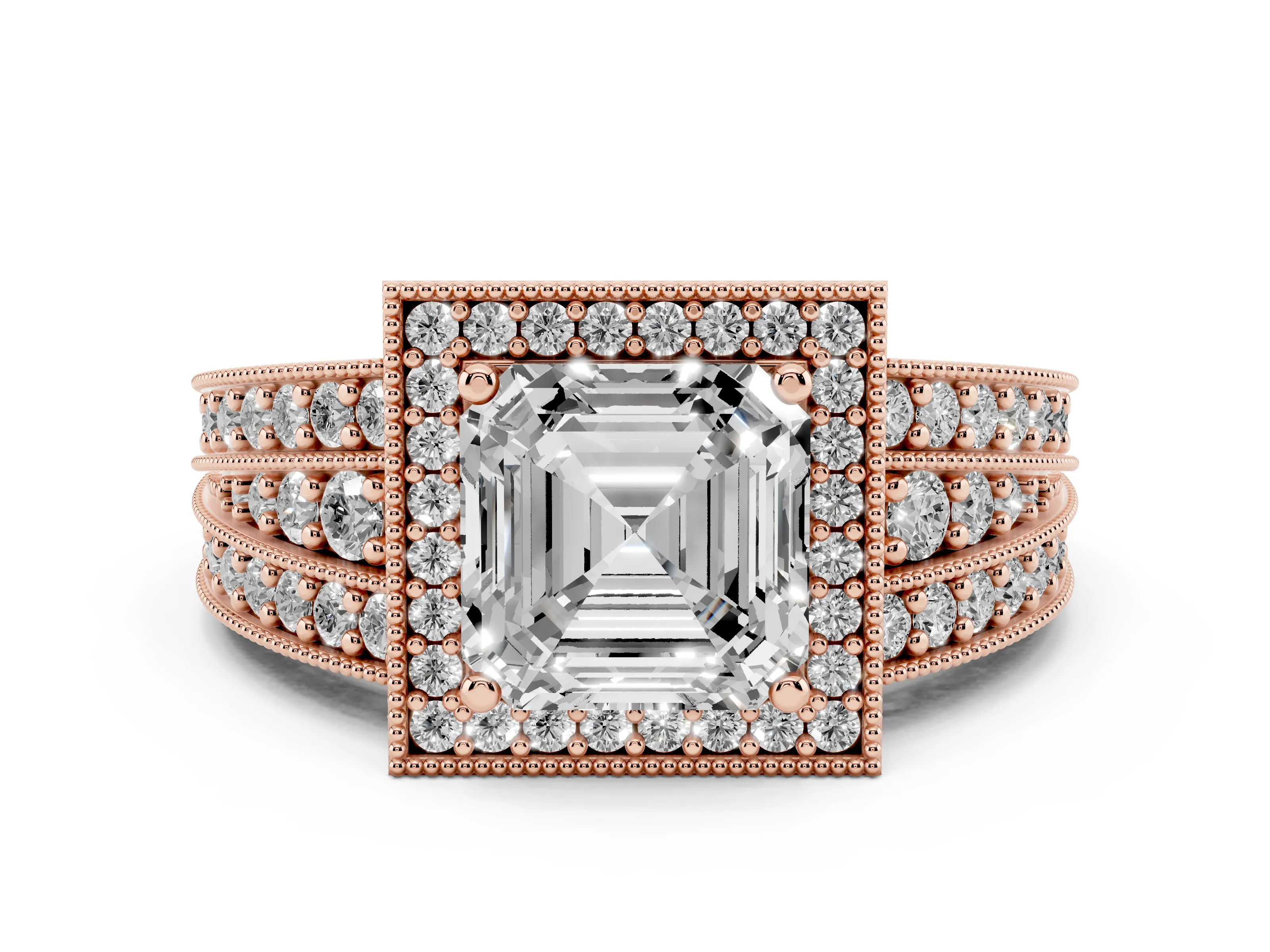 Asscher Cut Diamond Halo Ring Set in Rose gold with Accent Split Shank and Prong Setting