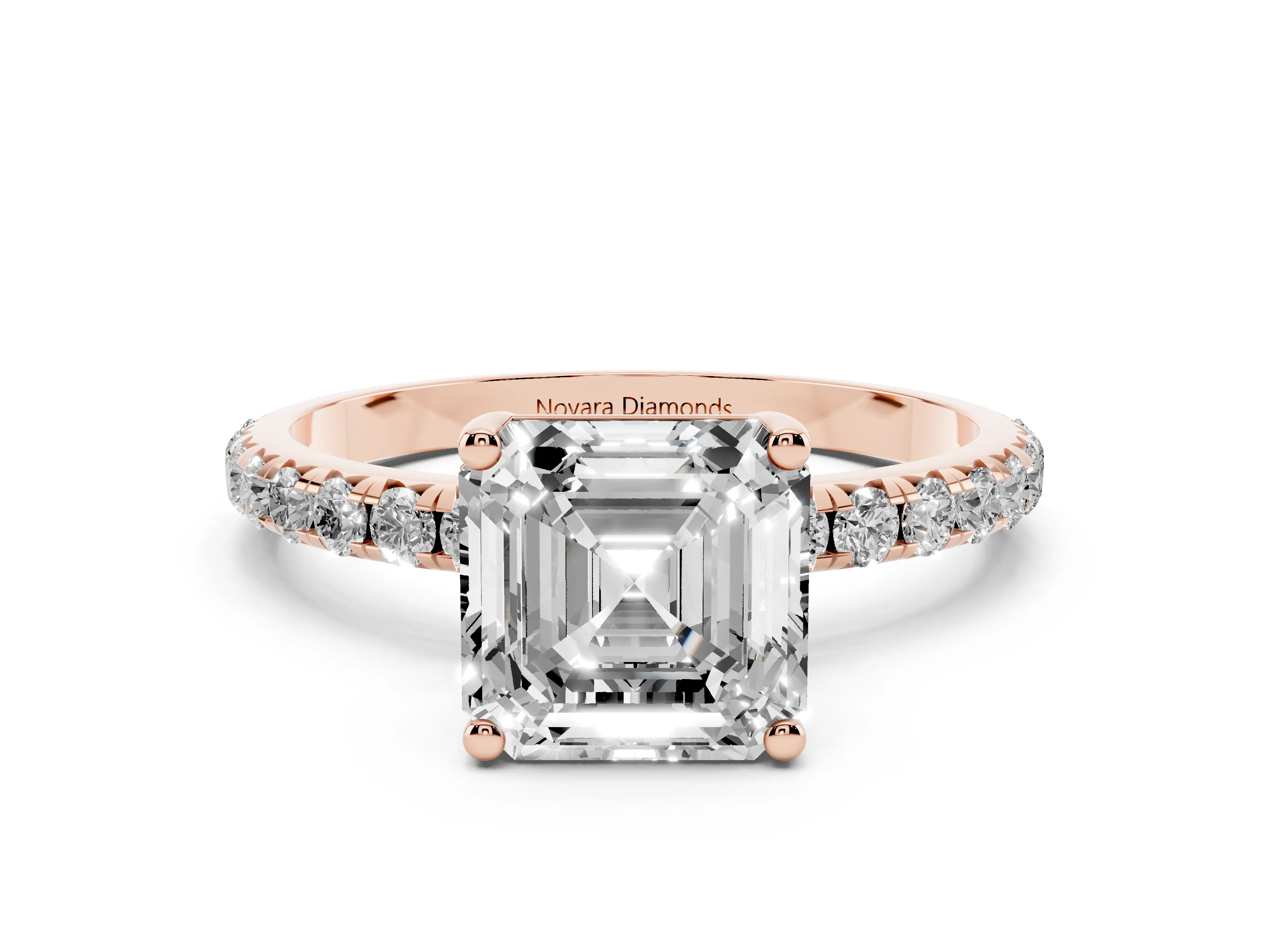 Asscher Cut Diamond Solitaire Ring Set in Rose gold with Micro Pavé Band and Prong Setting