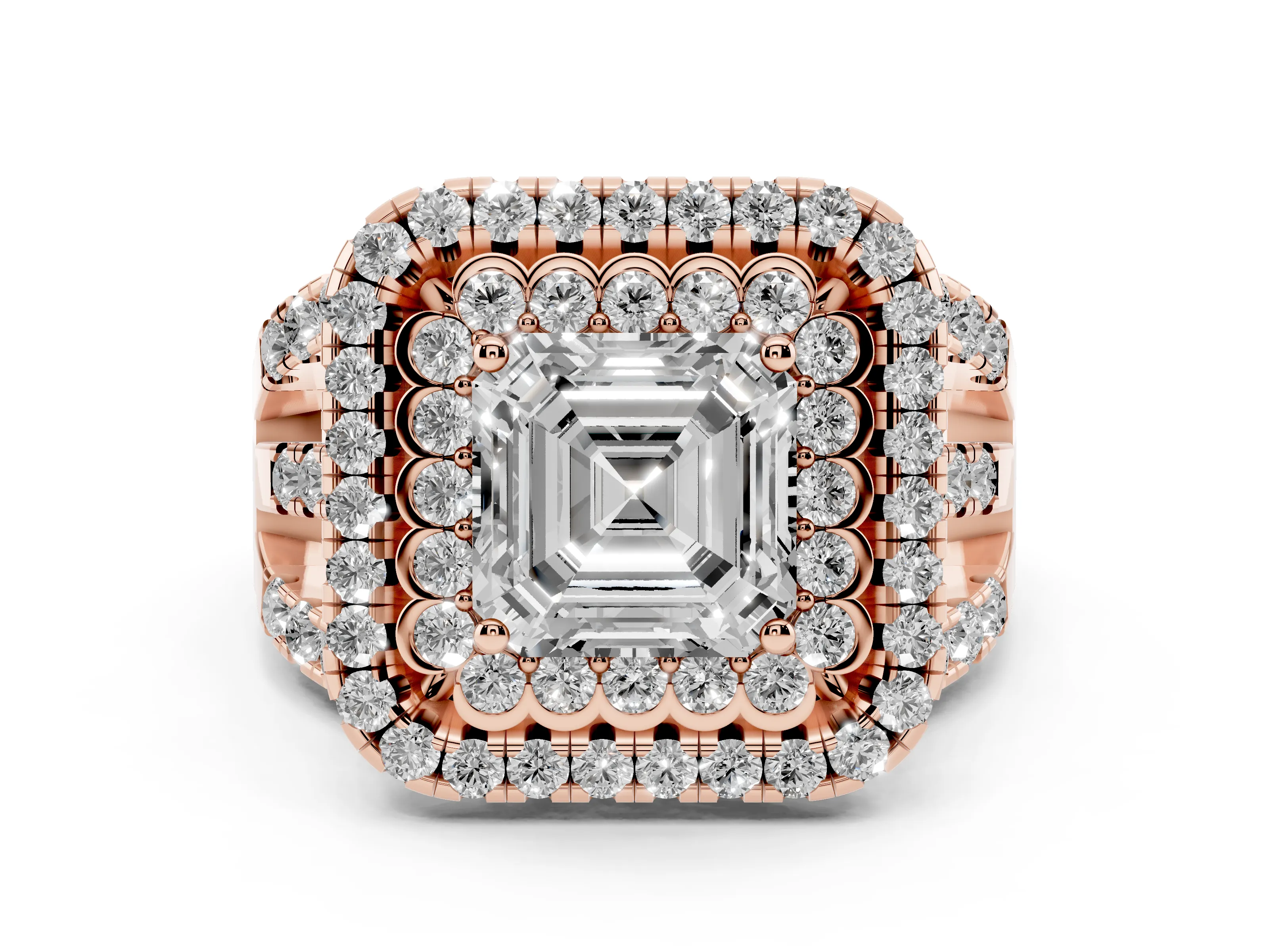 Asscher Cut Diamond Double Halo Ring Set in Rose gold with Round Pavé Split Shank