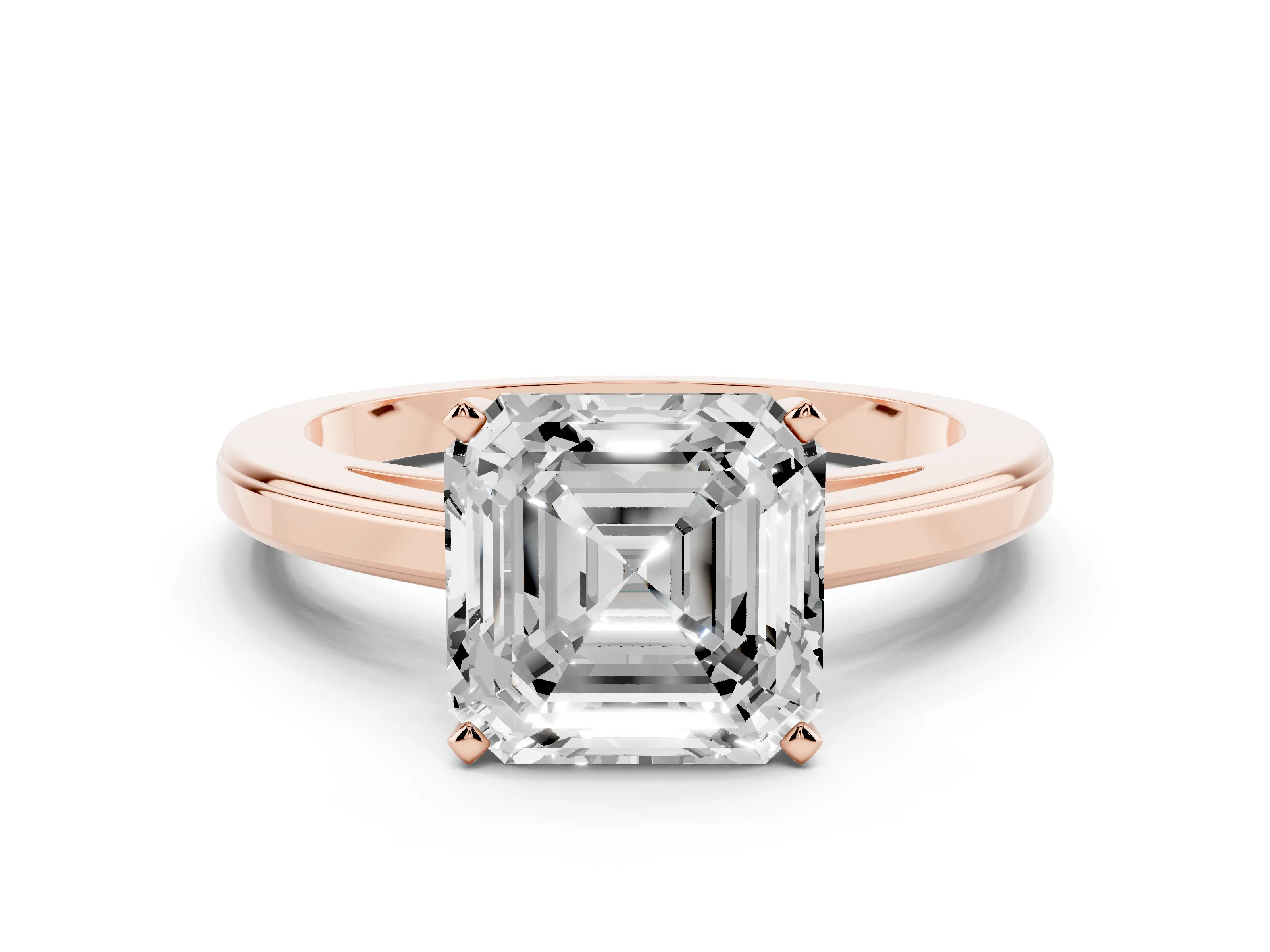 Asscher Cut Diamond Solitaire Ring Set in Rose gold with Prong Setting and Classic Band