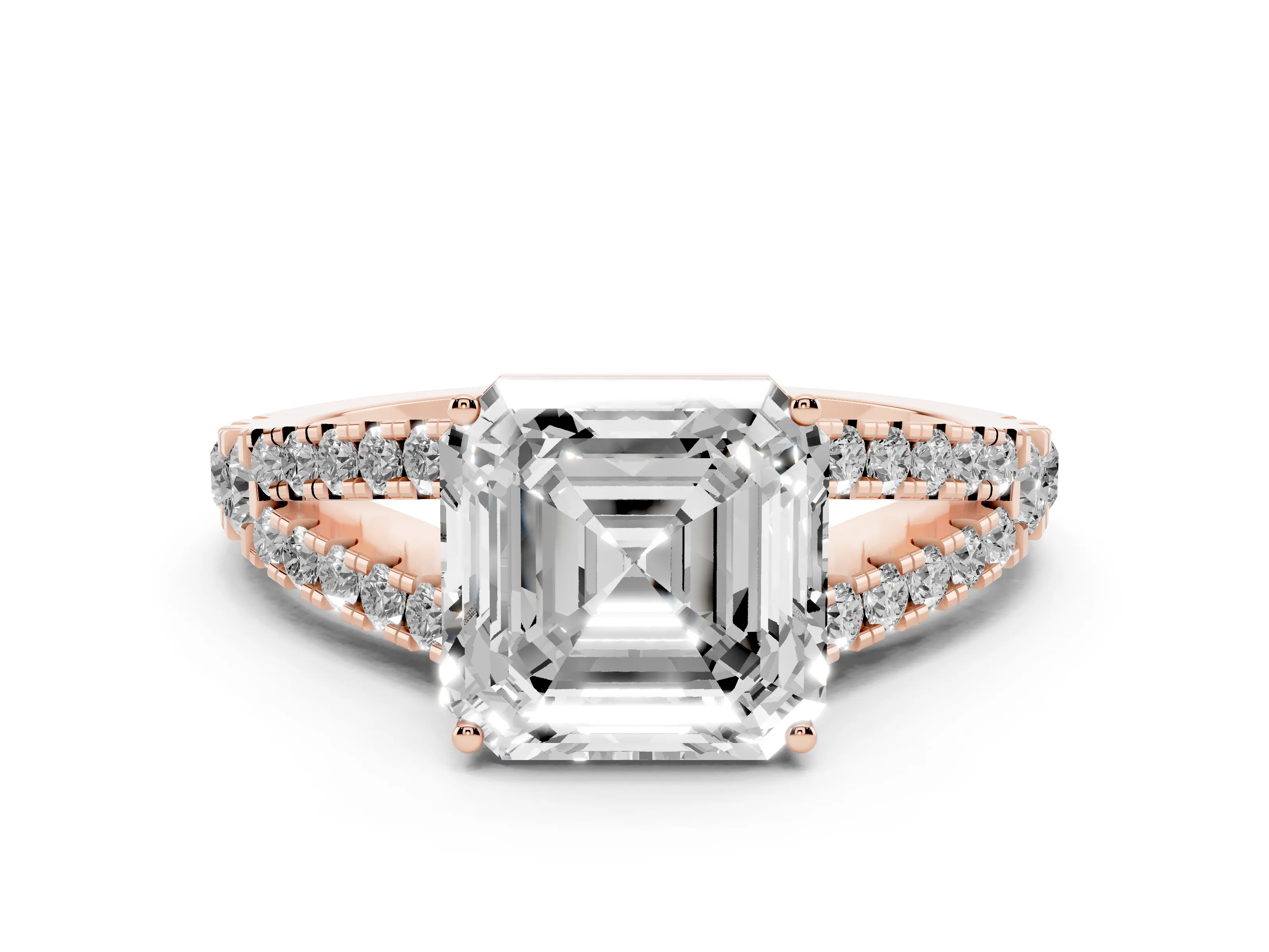 Asscher Cut Diamond Split Shank Engagement Ring Set in Rose gold with Round Pavé and Prong Setting