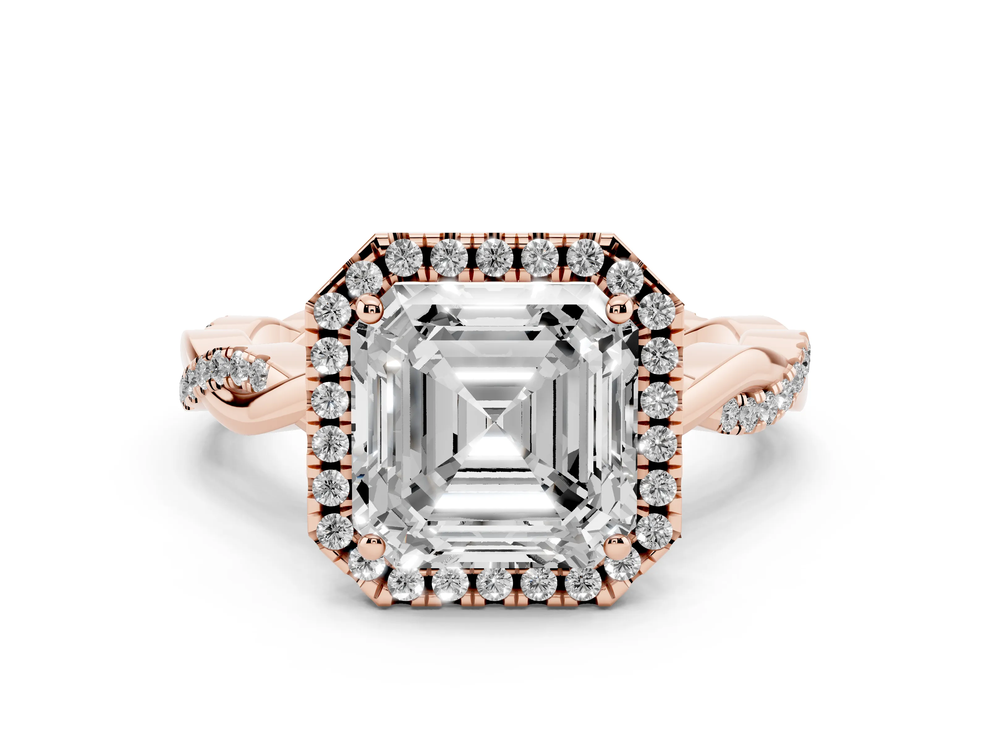 Asscher Cut Diamond Halo Twisted Band Ring Set in Rose gold with Prong Setting