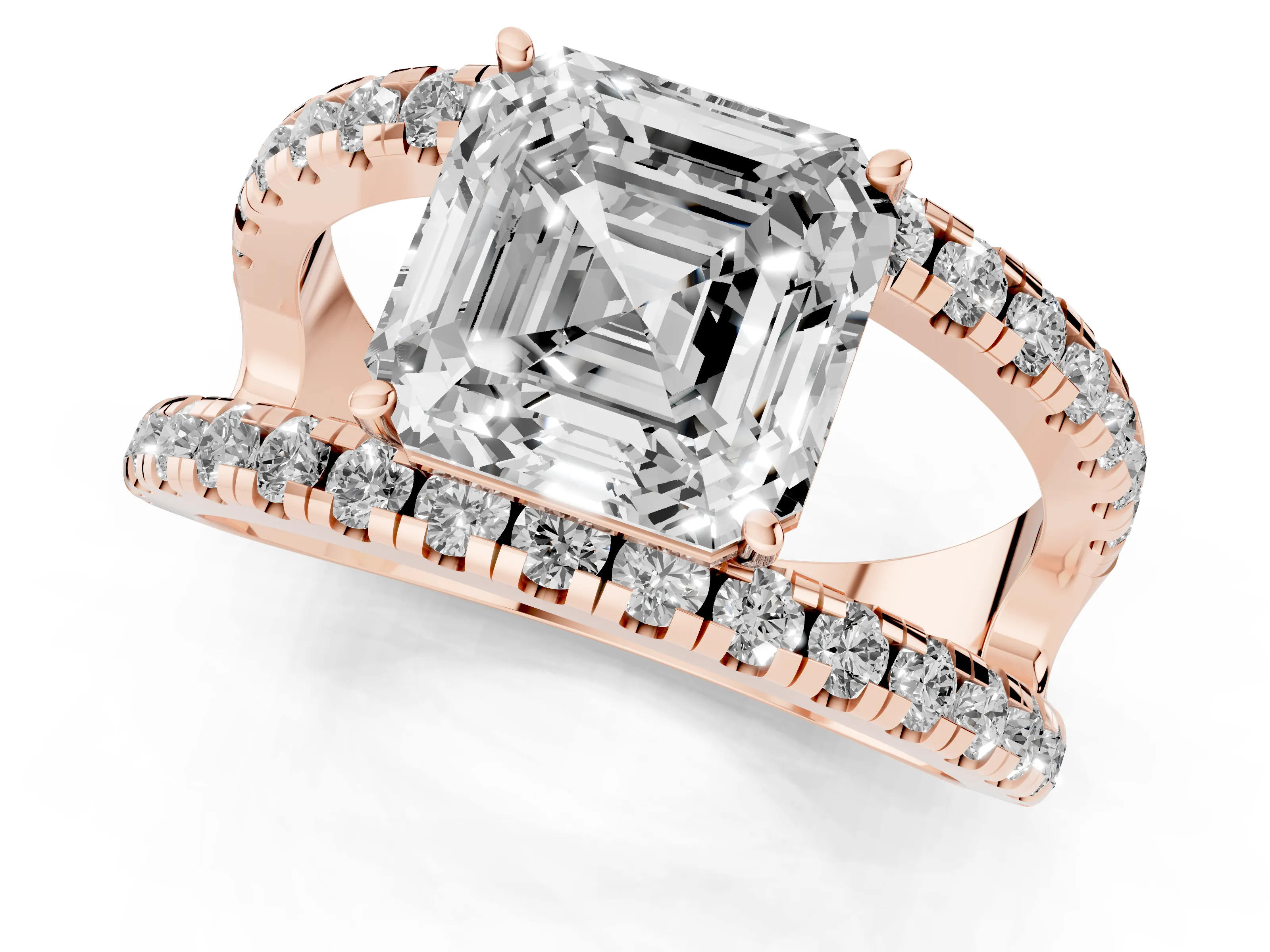 Asscher Cut Diamond Split Shank Pavé Solitaire Ring Set in Rose gold with Open Shank Design