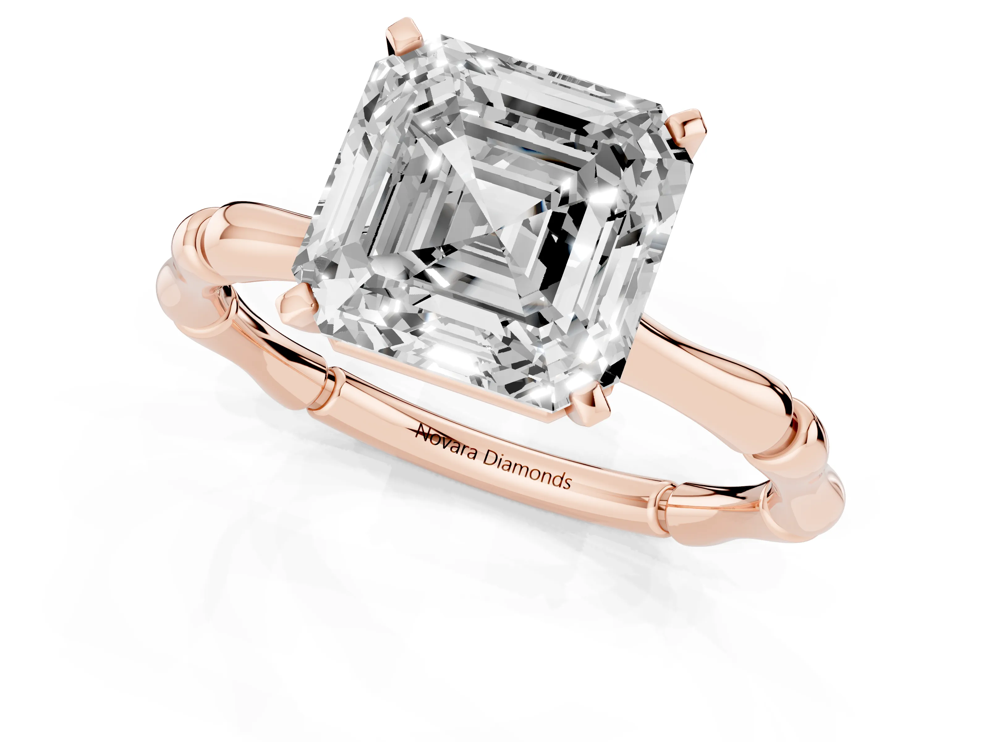 Asscher Cut Diamond Solitaire Ring Set in Rose gold with Bamboo Band and Prong Setting