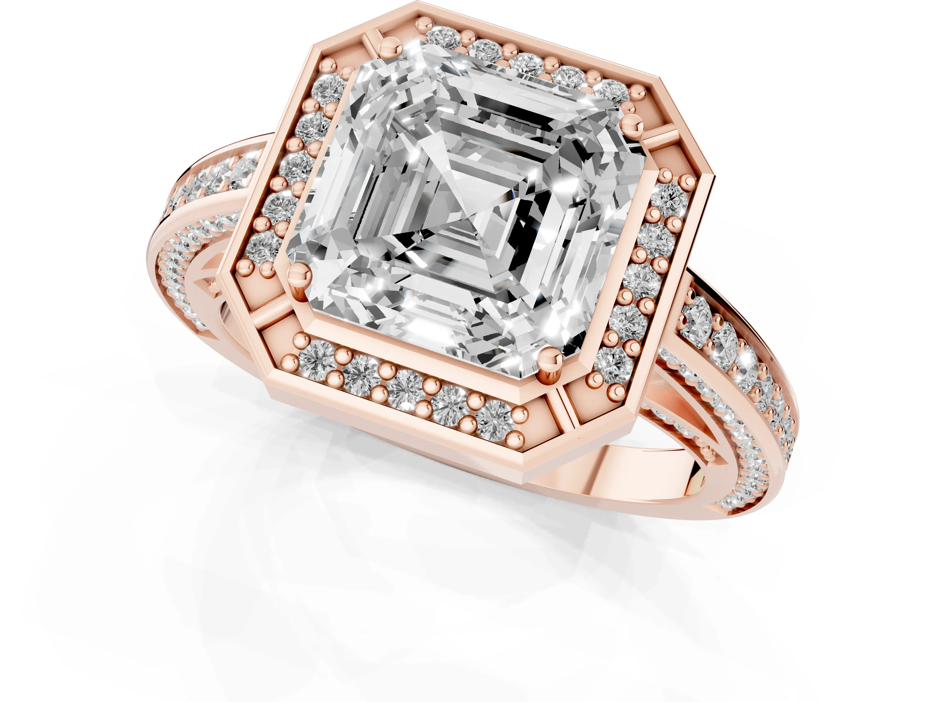 Asscher Cut Diamond Halo Pavé Split Shank Ring Set in Rose gold with Prong Setting