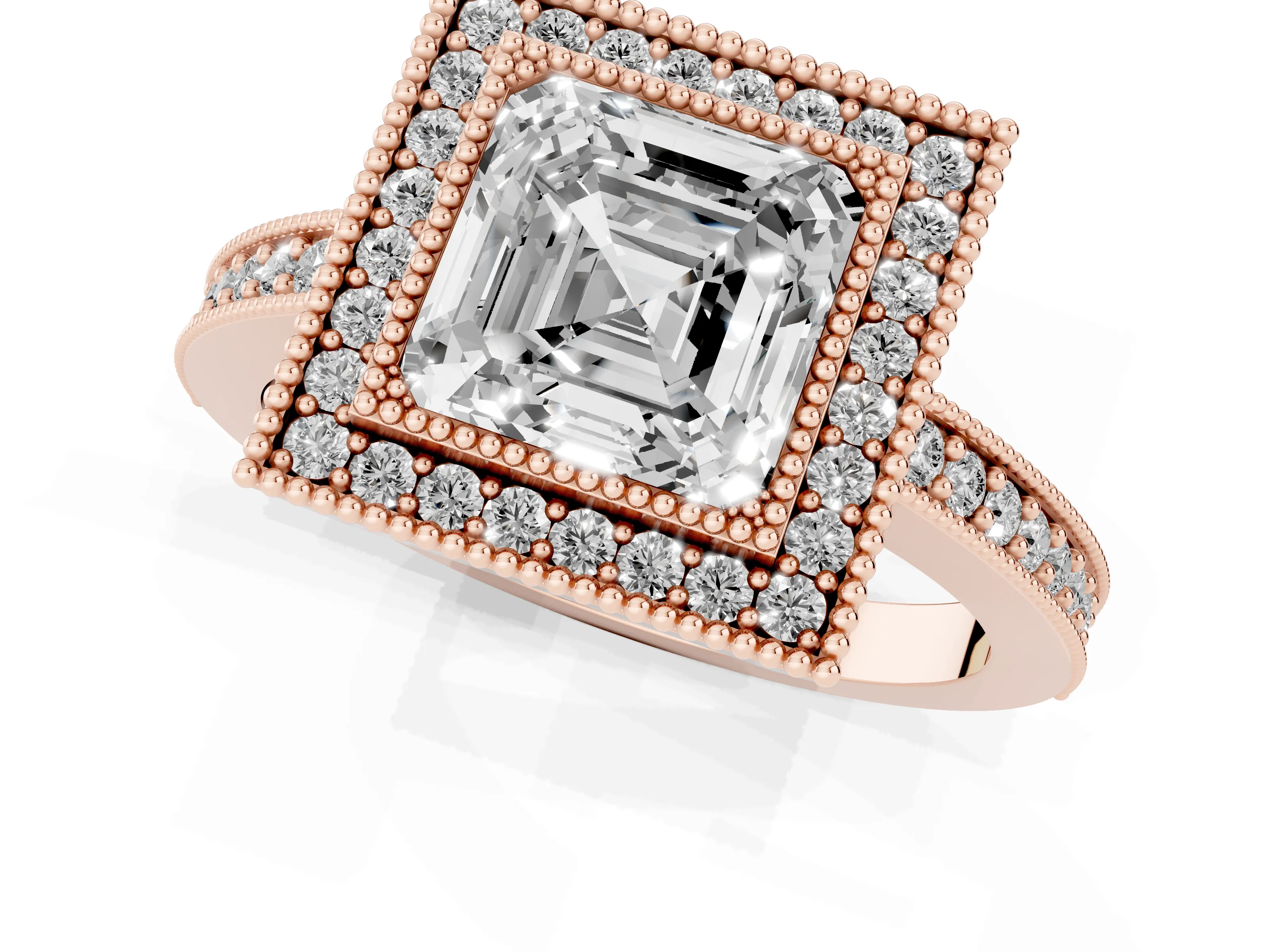 Asscher Cut Diamond Halo Engagement Ring Set in Rose gold with Pavé Band and Round Halo Stones