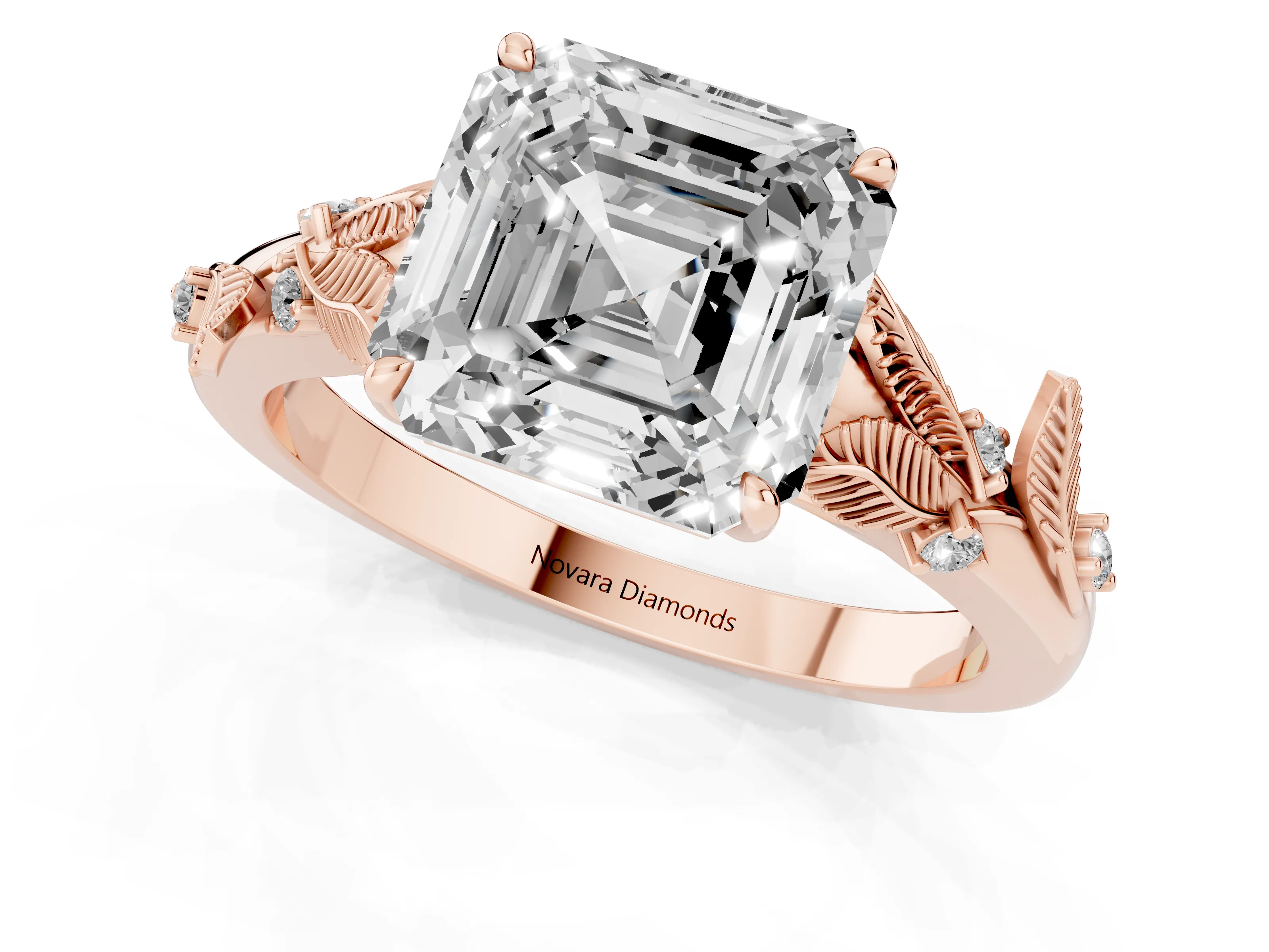 Asscher Cut Diamond Solitaire Ring Set in Rose gold with Leaf Motif Band