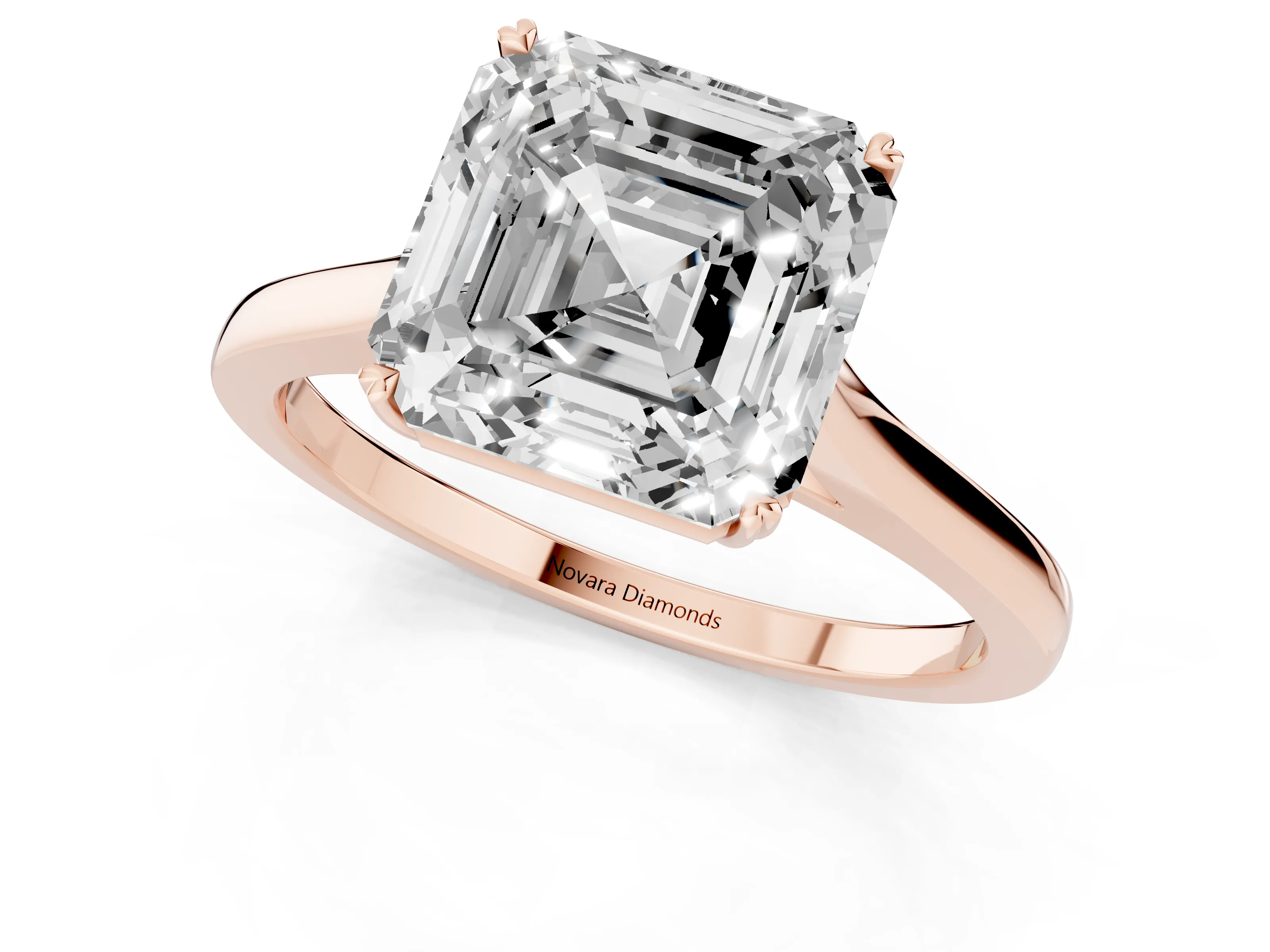 Asscher Cut Diamond Solitaire Heart Prong Engagement Ring Set in Rose gold with Tapered Band