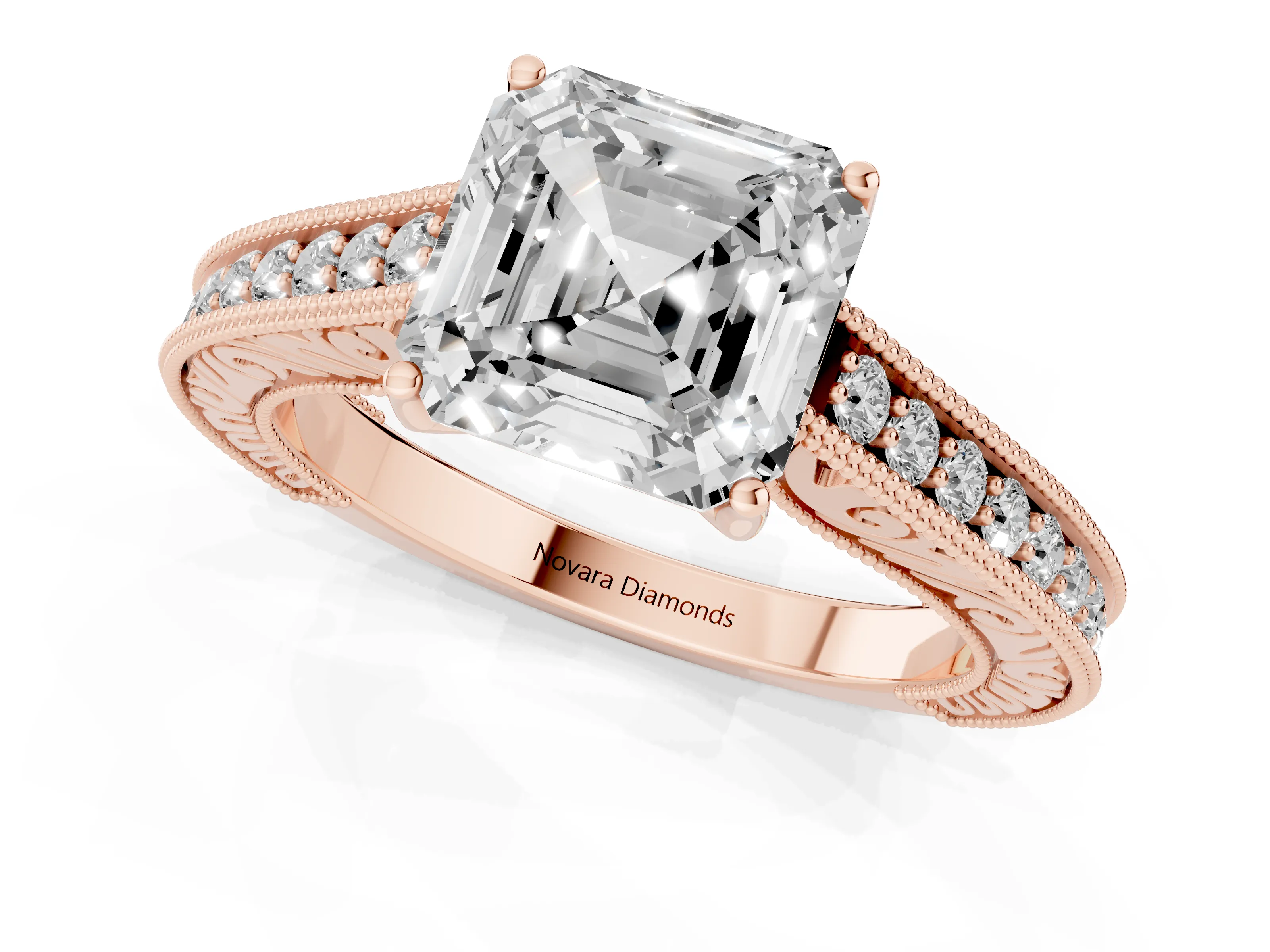 Asscher Cut Diamond Milgrain Pavé Band Solitaire Ring Set in Rose gold with Prong Setting