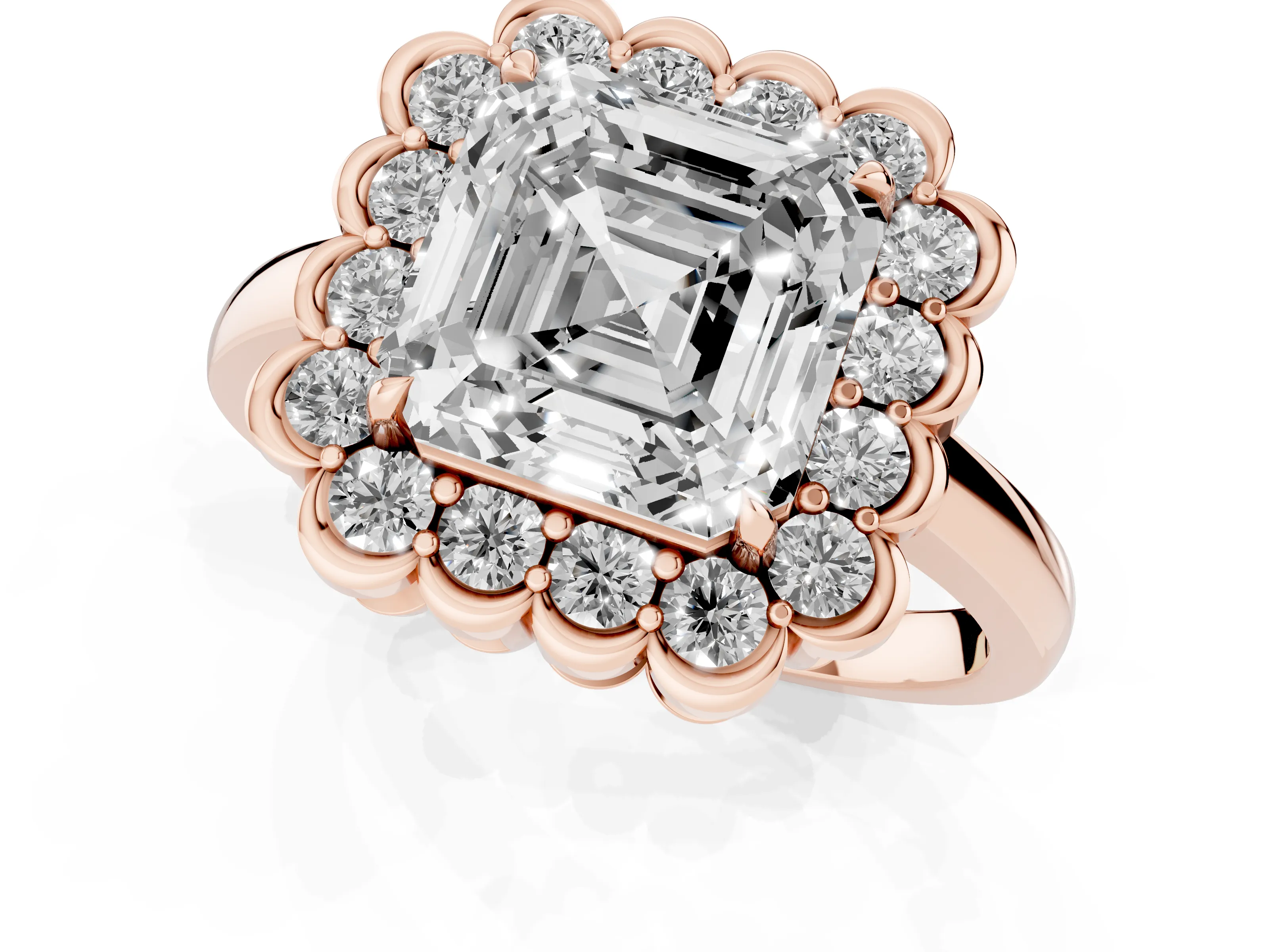 Asscher Cut Diamond Halo Cluster Engagement Ring Set in Rose gold with Solitaire Band and Prong Setting