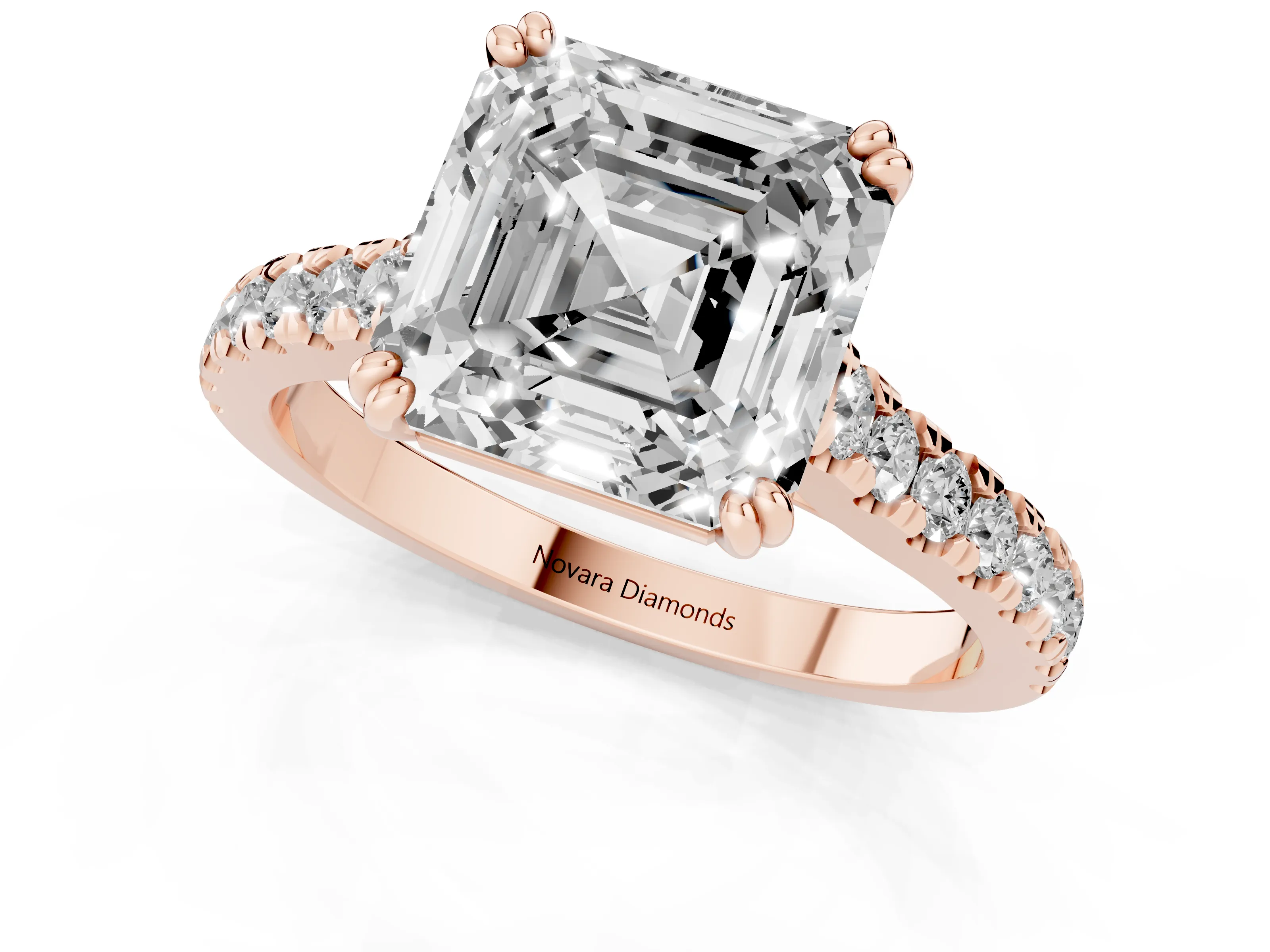 Asscher Cut Diamond Solitaire Engagement Ring Set in Rose gold with Pavé Accents and Prong Setting