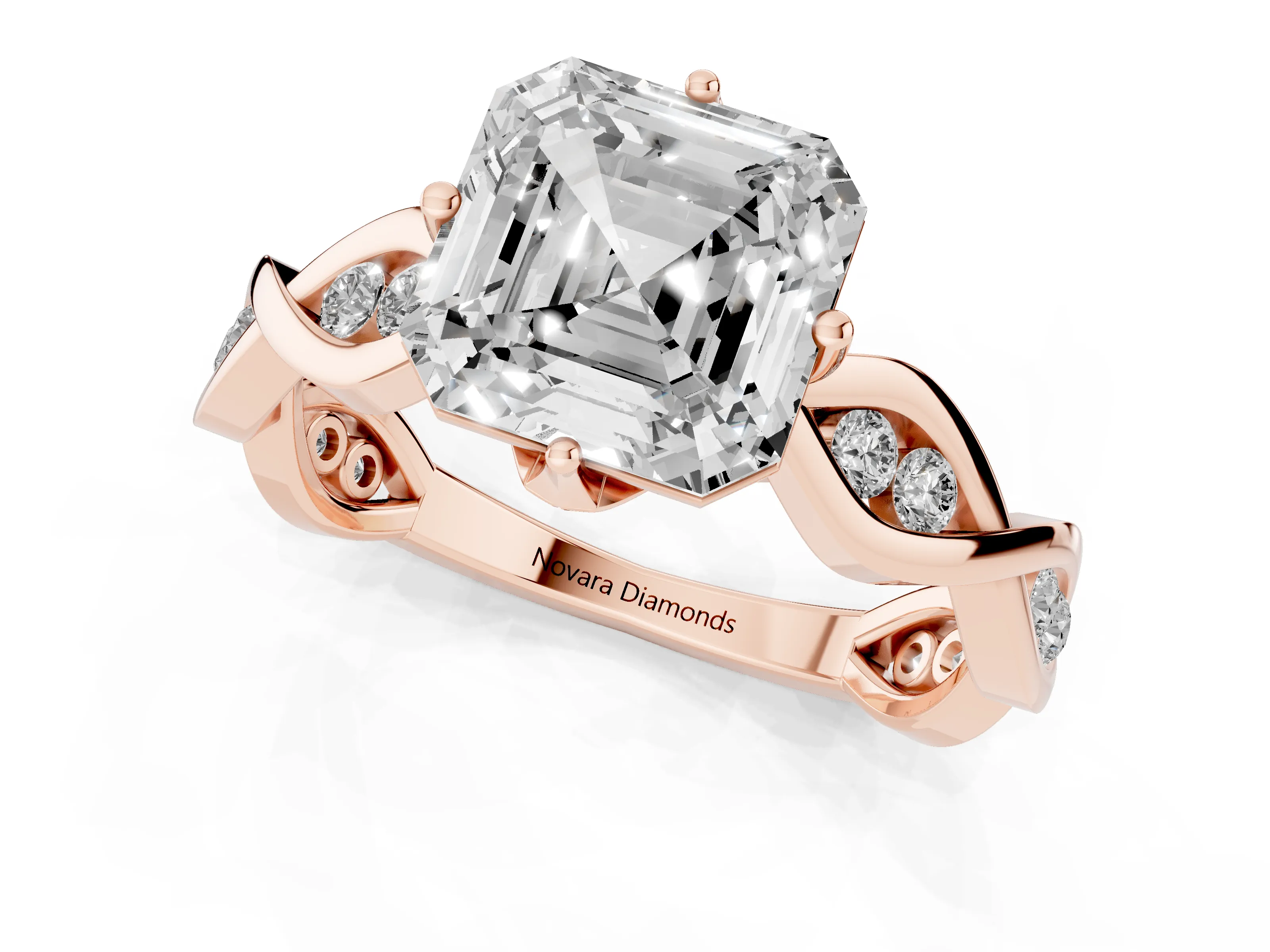 Asscher Cut Diamond Twist Band Solitaire Ring Set in Rose gold with Leaf Prong Setting and Accent Stones