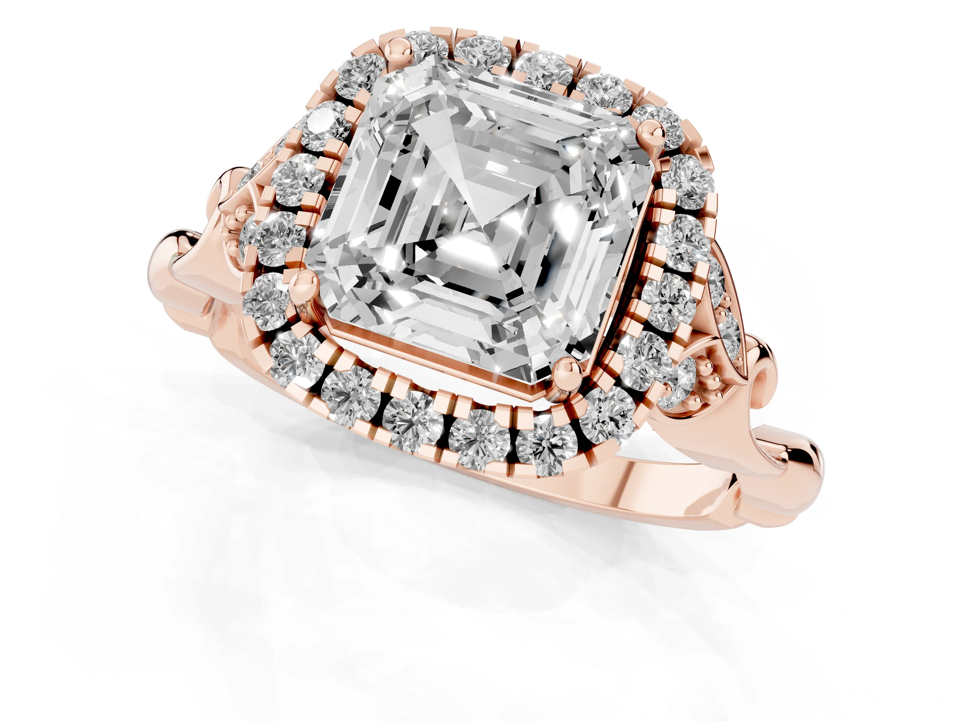 Asscher Cut Diamond Halo Engagement Ring Set in Rose gold with Vintage-Inspired Band and Prong Setting – second view