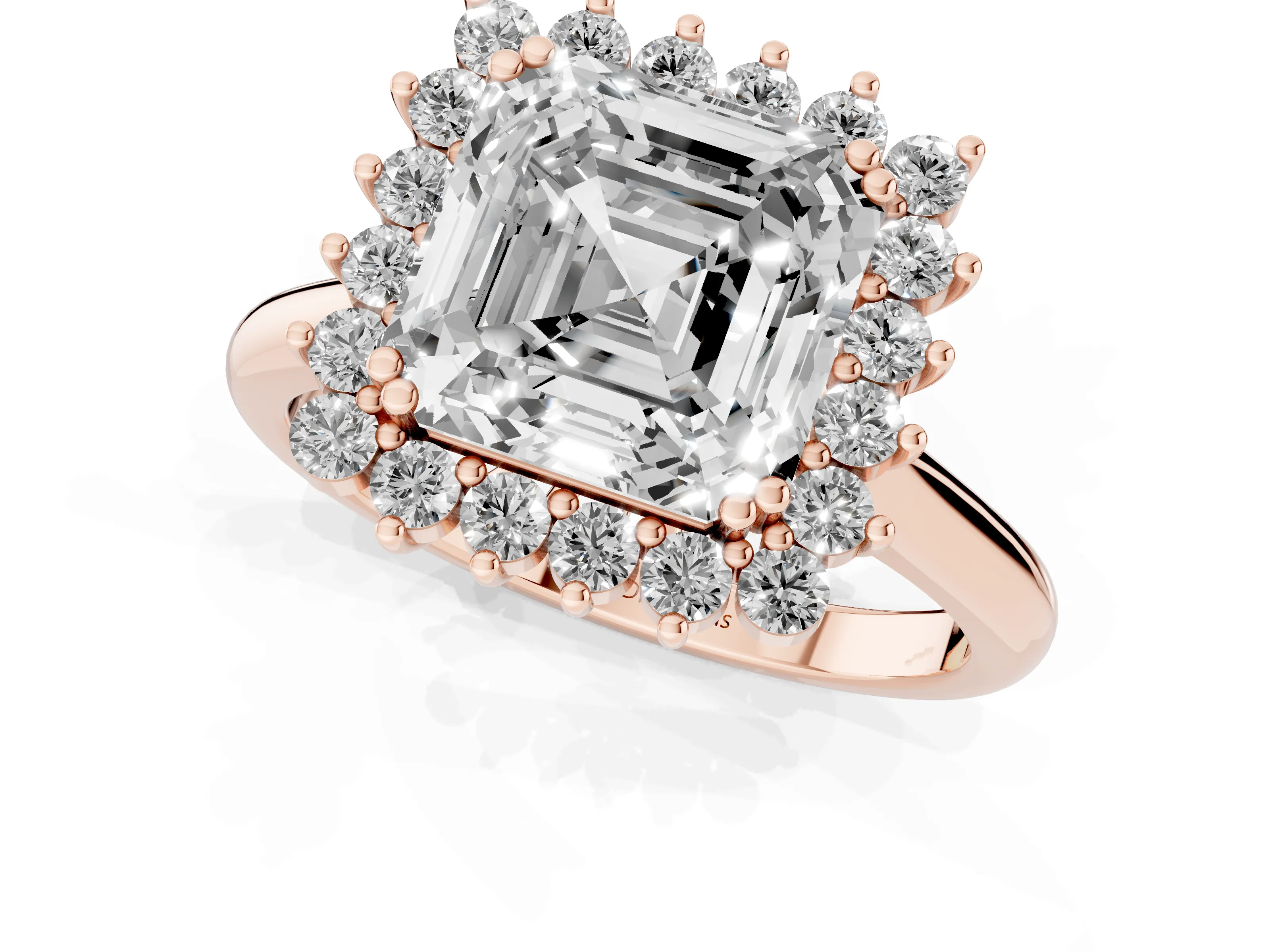 Asscher Cut Diamond Halo Ring Set in Rose gold with Plain Solitaire Band and Prong Setting