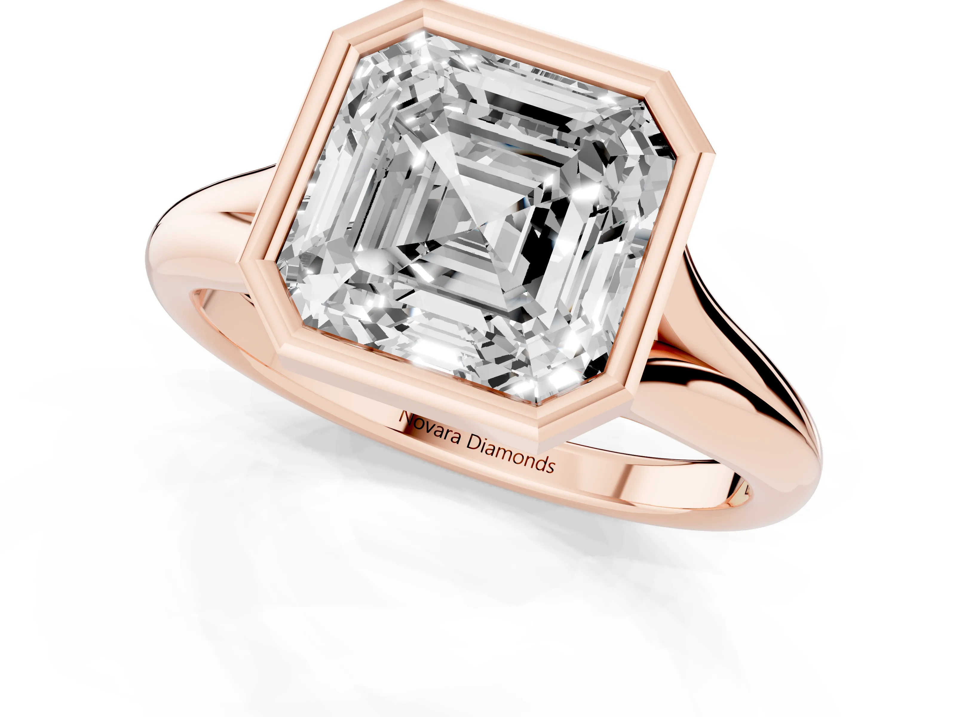 Bezel Set Asscher Cut Diamond Solitaire Ring Set in Rose gold with Smooth Band – second view