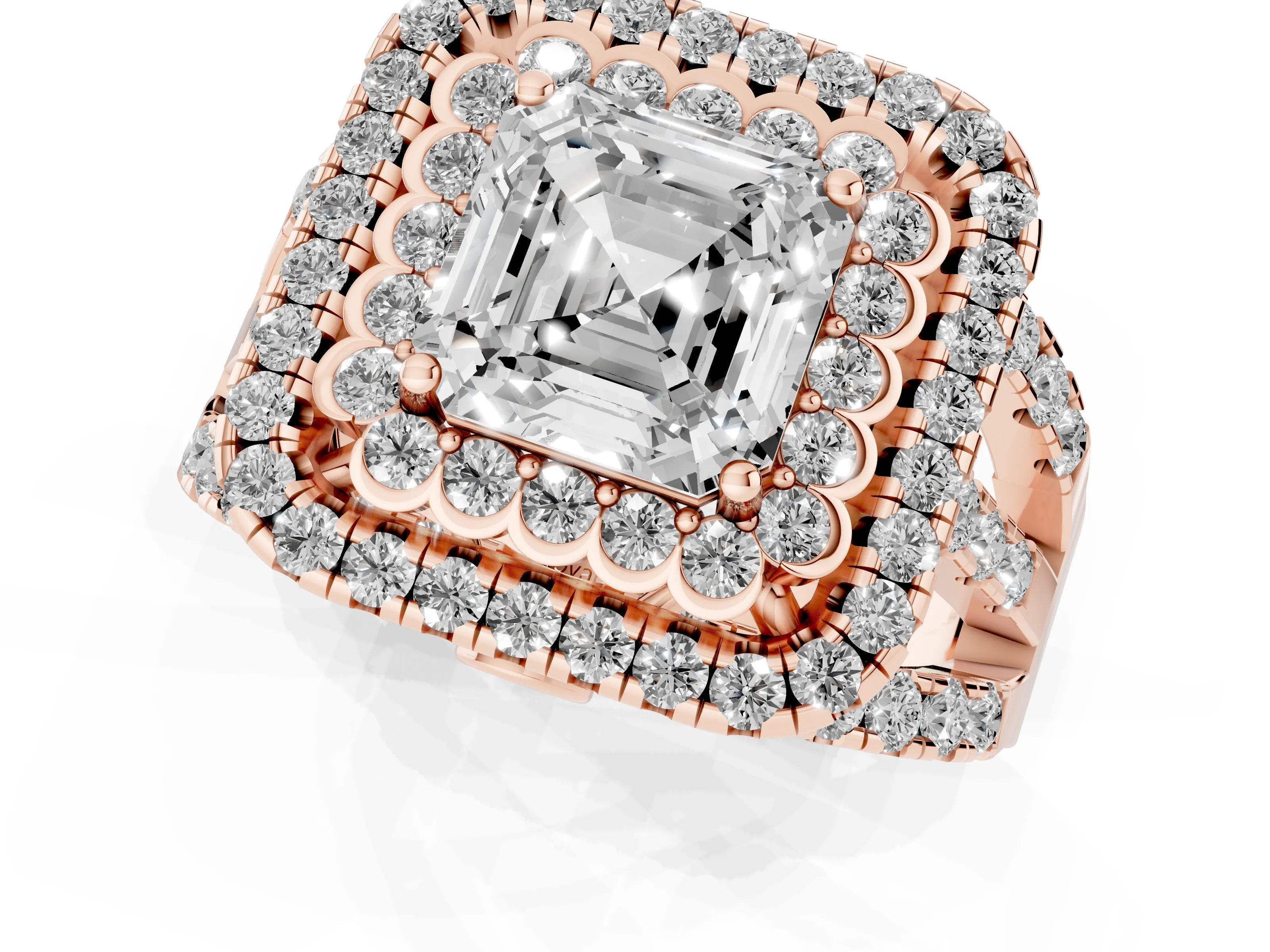 Asscher Cut Diamond Double Halo Ring Set in Rose gold with Round Pavé Split Shank