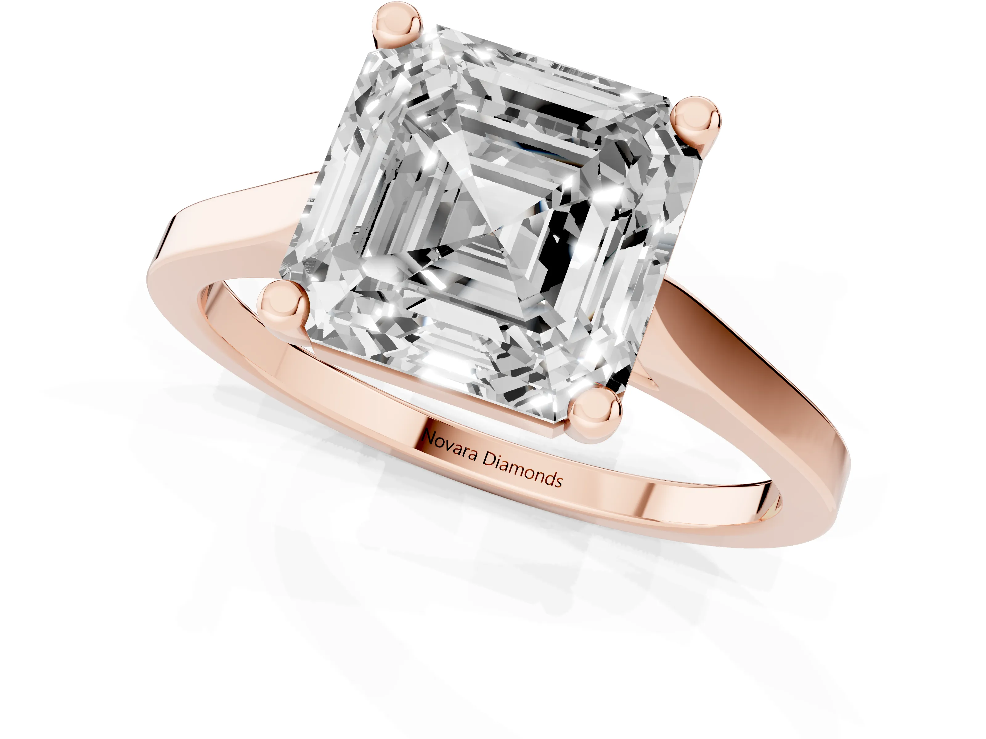 Asscher Cut Diamond Solitaire Ring Set in Rose gold with Prong Setting and Tapered Band