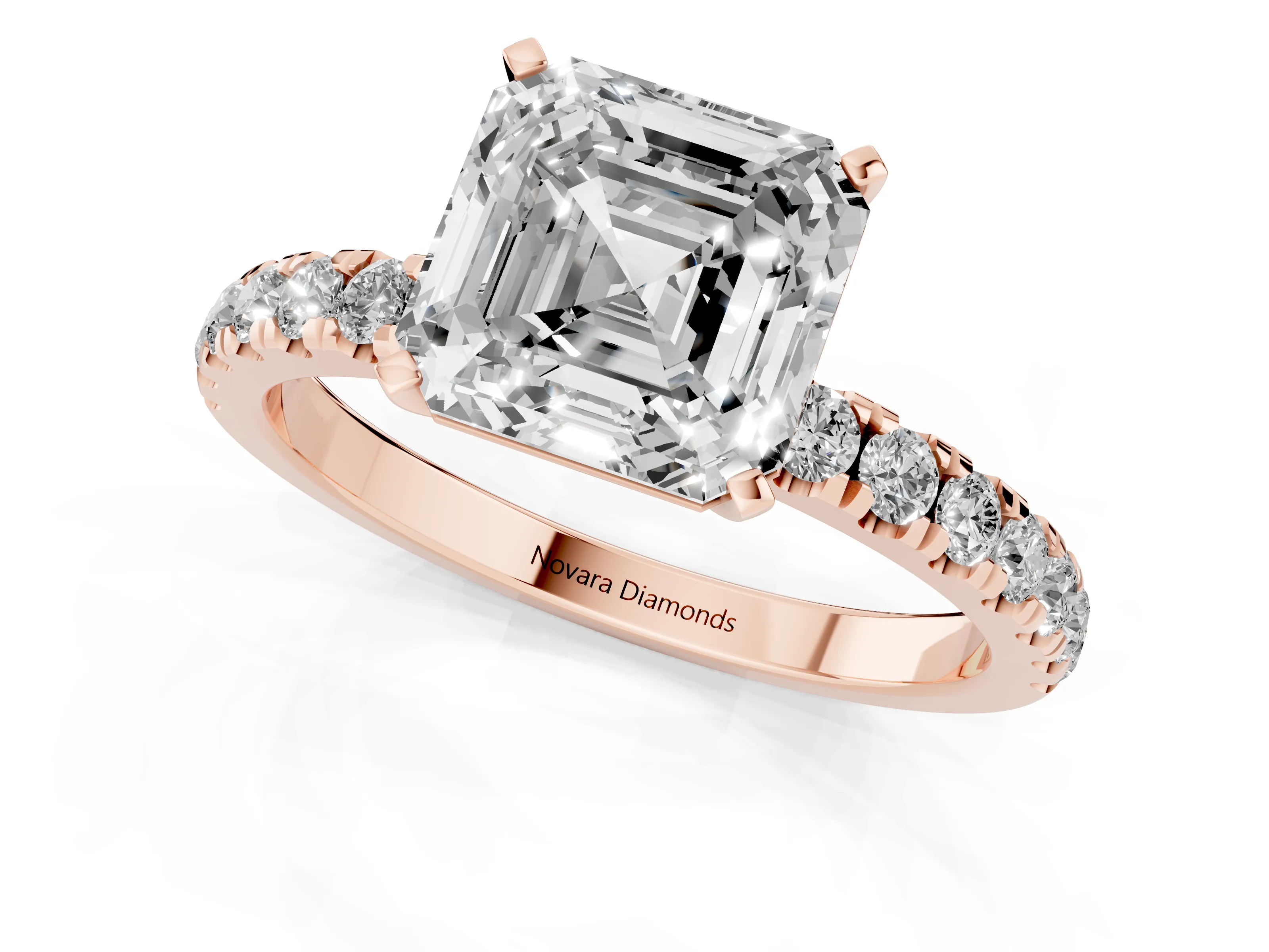 Asscher Cut Diamond Solitaire Ring Set in Rose gold with Pavé Accents and Prong Setting