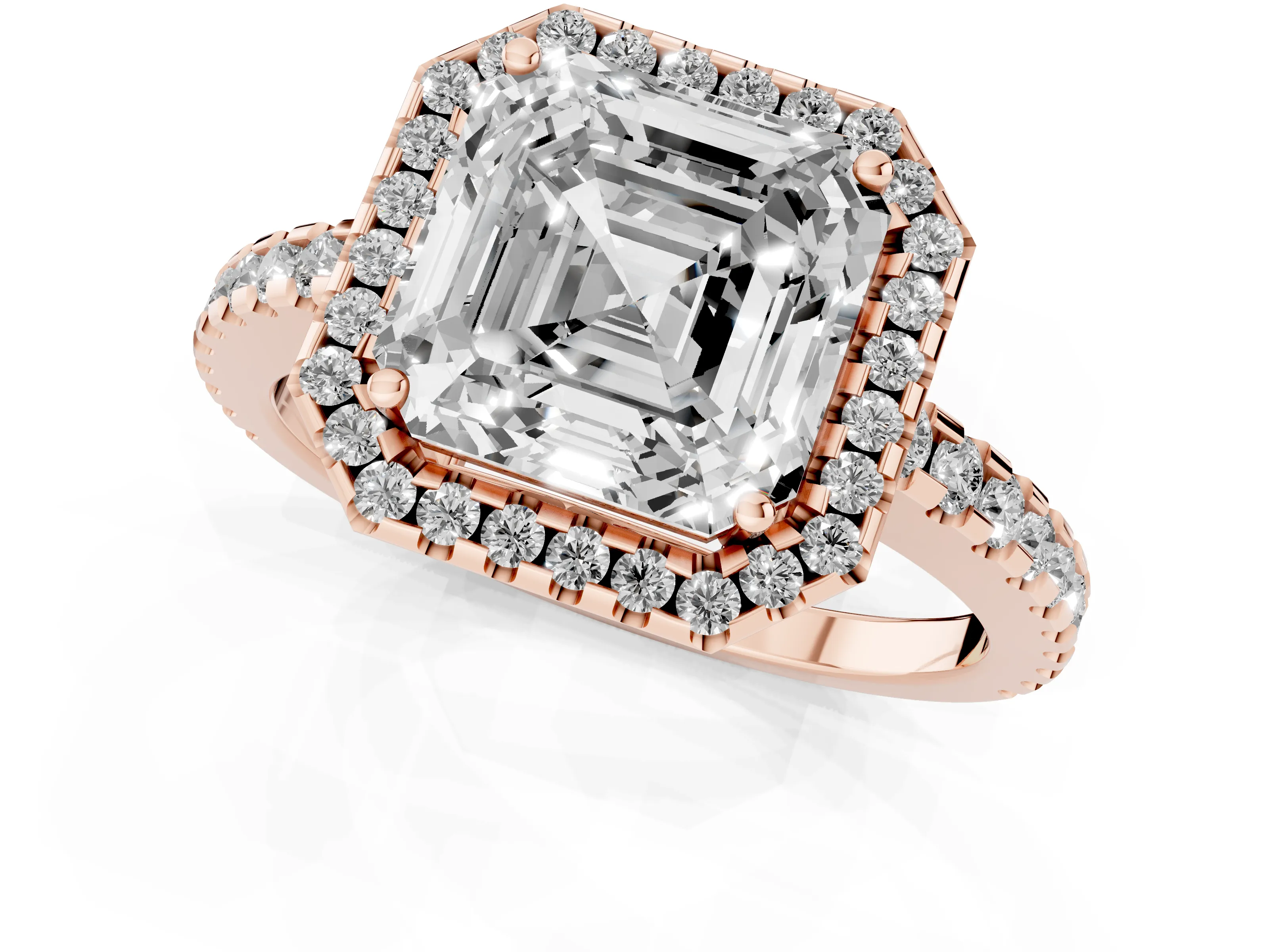 Asscher Cut Diamond Halo Ring Set in Rose gold with Pavé Shoulders and Halo-Framed Center