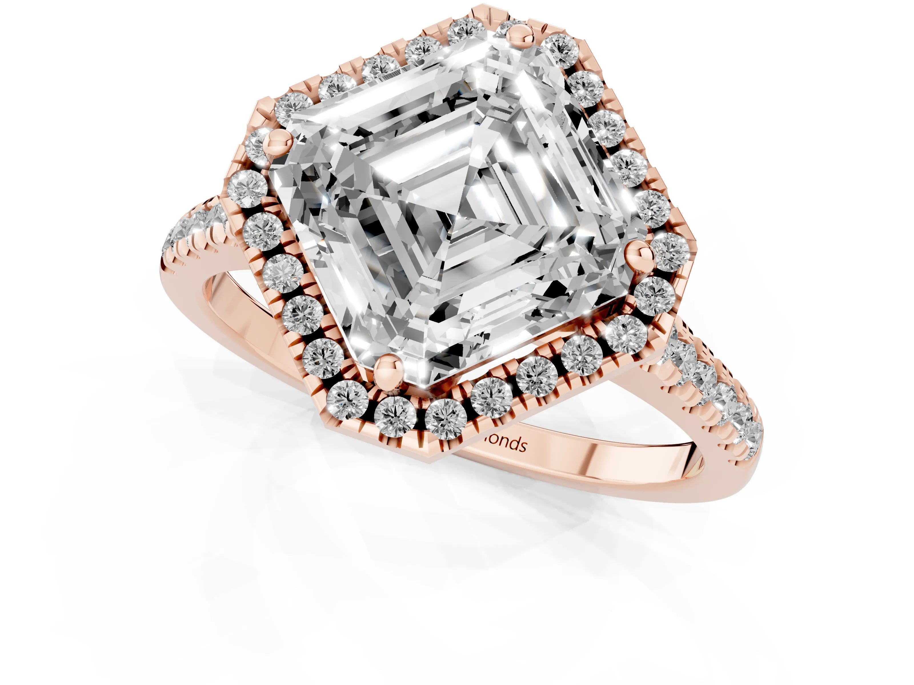 Asscher Cut Diamond Cushion Halo Ring Set in Rose gold with Pavé Band