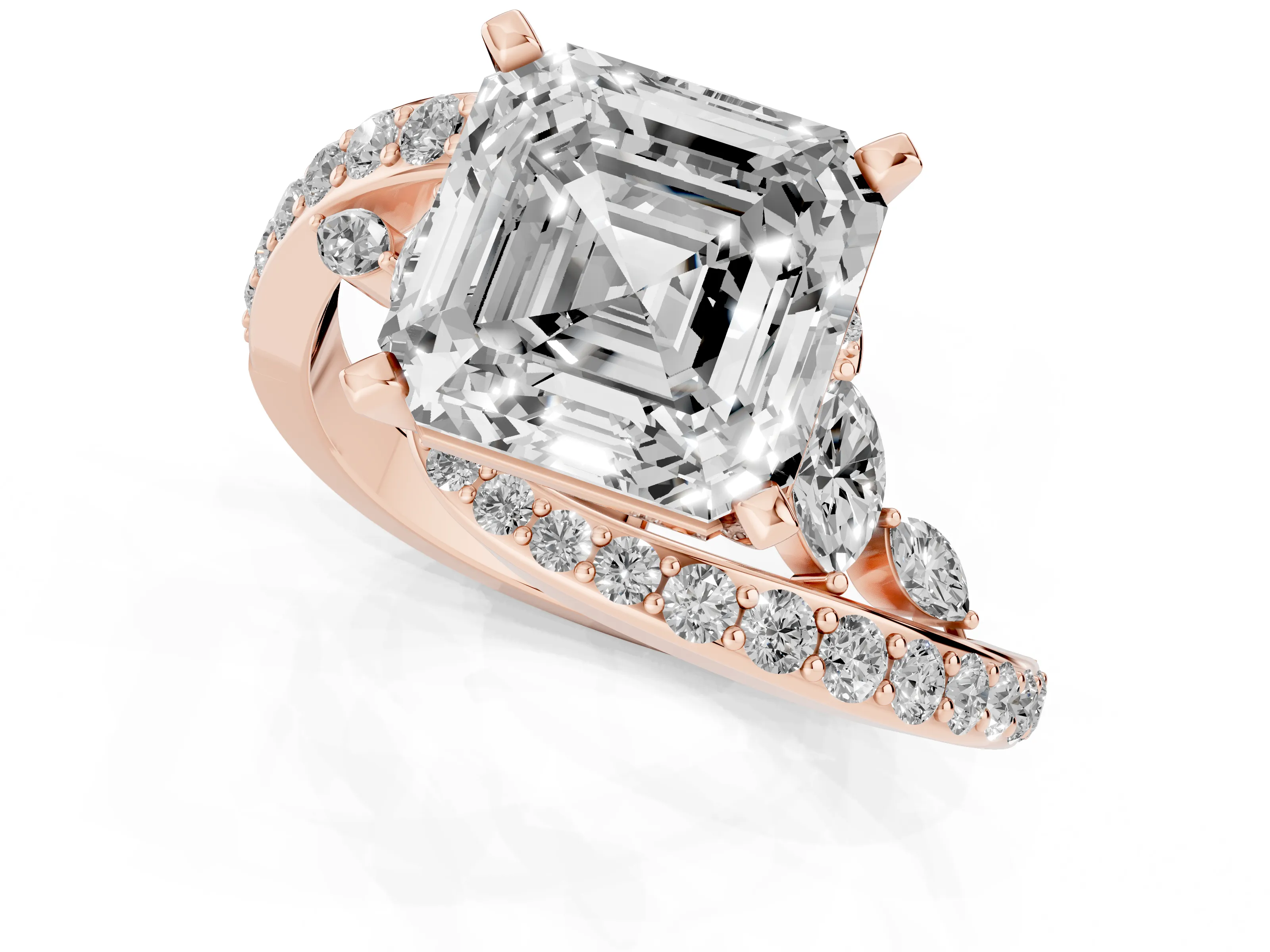 Asscher Cut Diamond Solitaire Ring Set in Rose gold with Pavé Twist Band and Secure Prong Setting