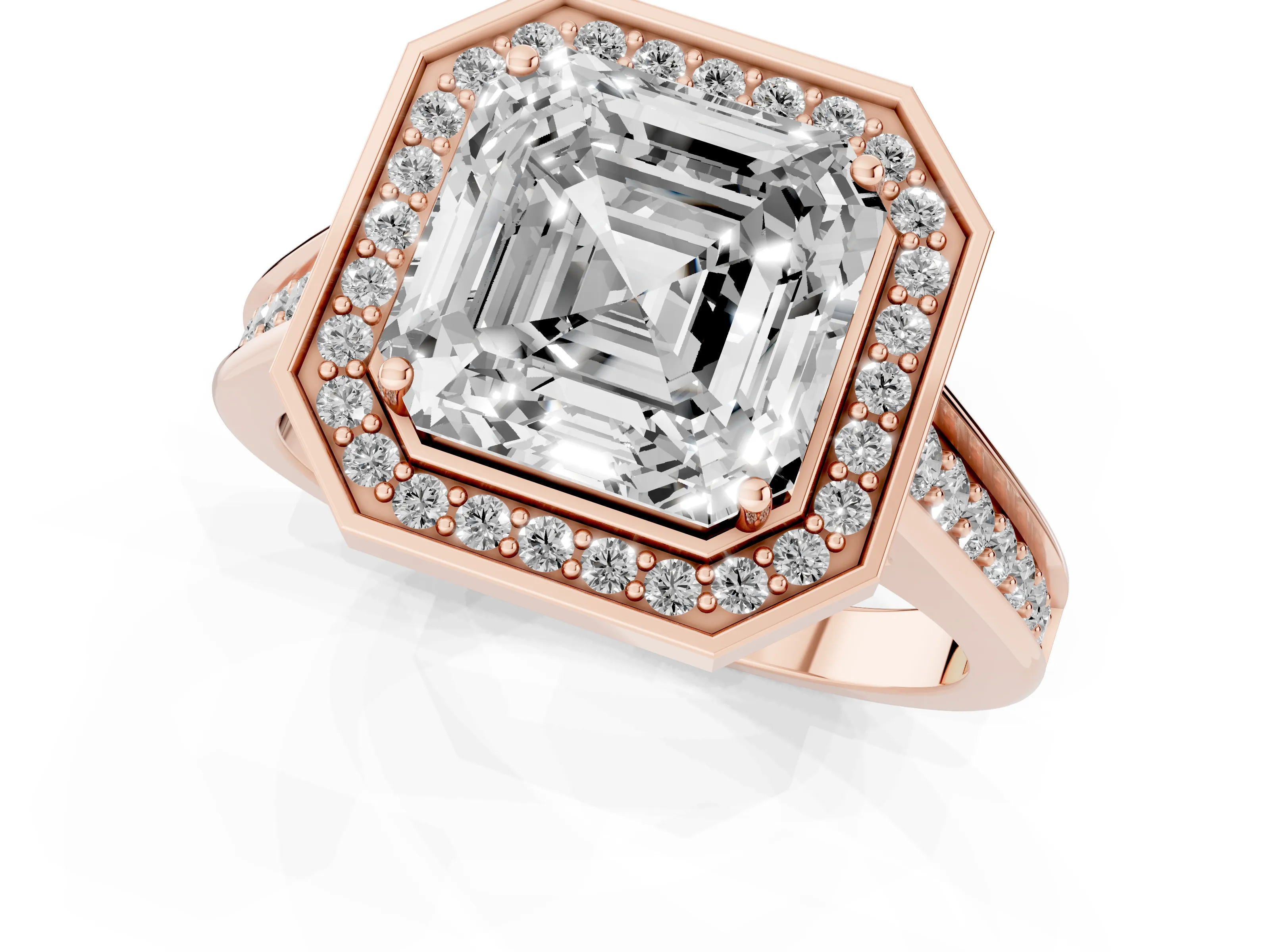 Asscher Cut Diamond Halo Solitaire Ring Set in Rose gold with Pavé Band and Bezel Setting