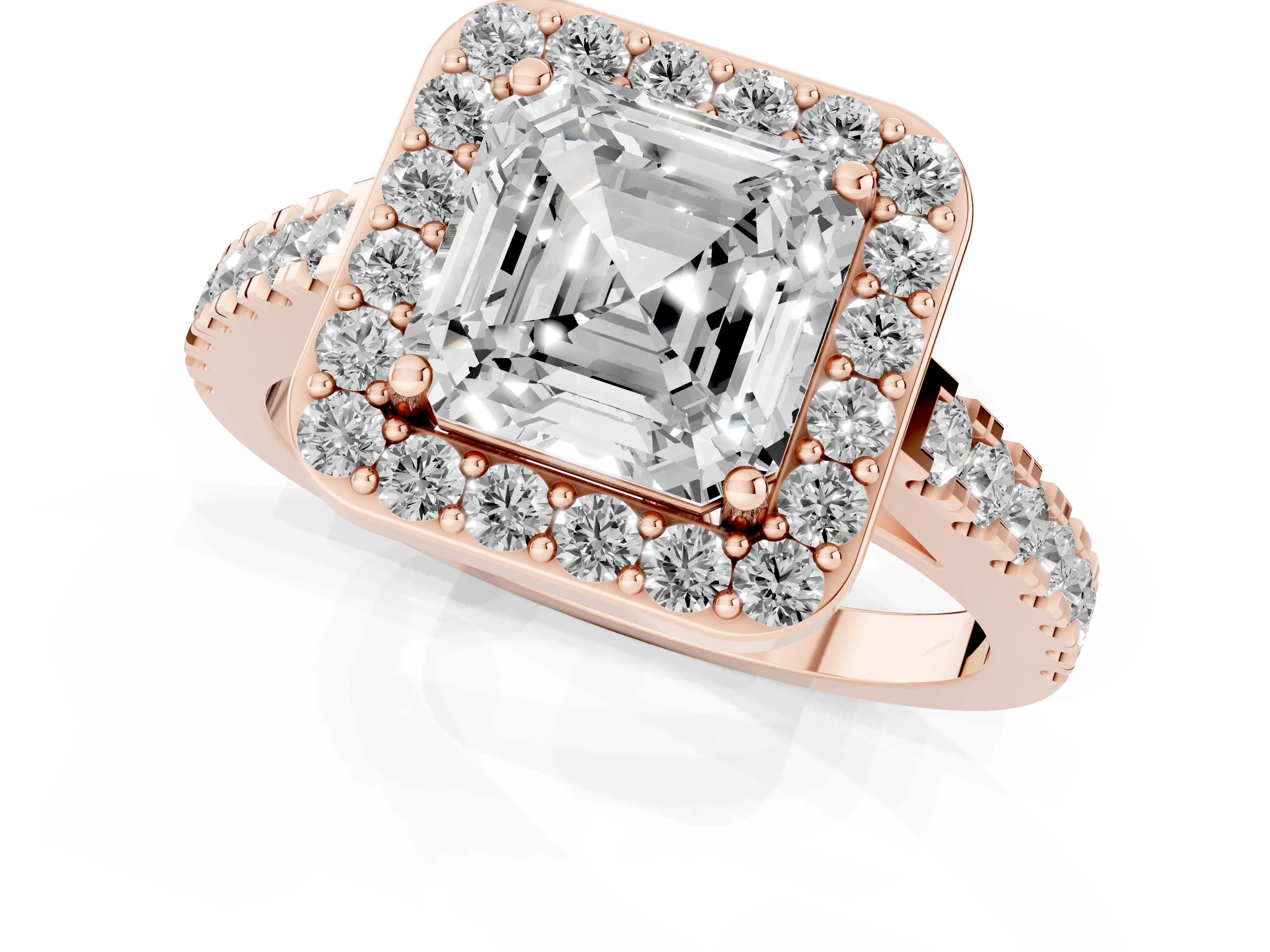 Asscher Cut Diamond Halo Ring Set in Rose gold with Round Pavé Split Shank and Prong Setting