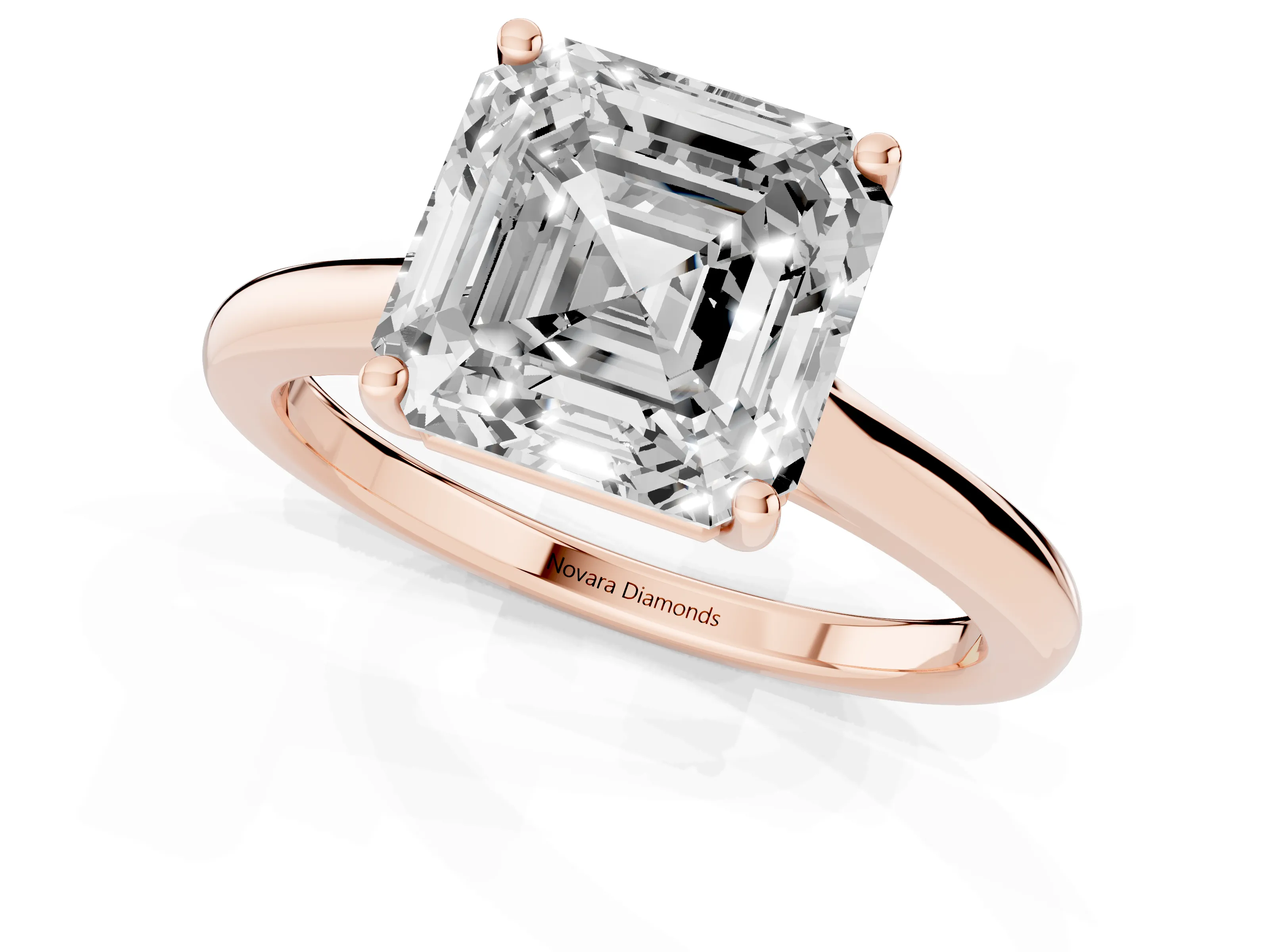 Asscher Cut Diamond Solitaire Ring Set in Rose gold with Cathedral Band and Prong Setting