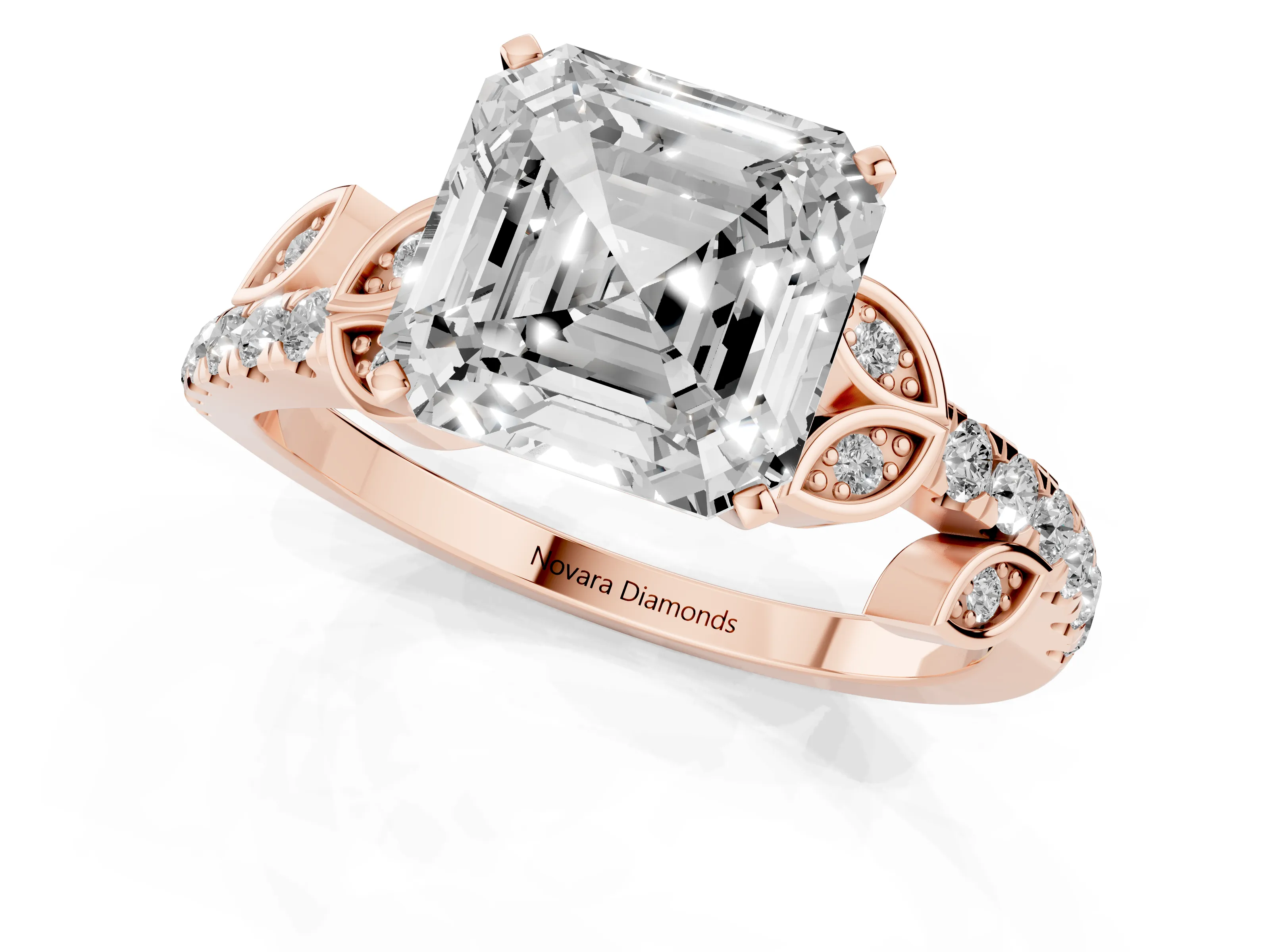 Asscher Cut Diamond Solitaire Leaf-Inspired Ring Set in Rose gold with Pavé Band and Prong Setting