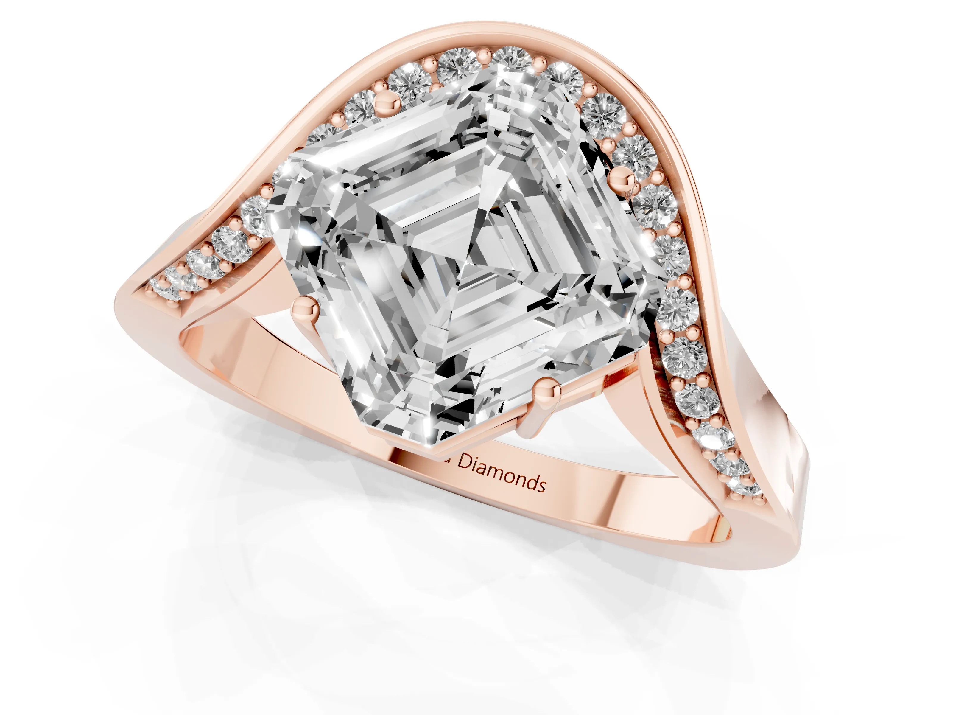 Asscher Cut Diamond Solitaire Engagement Ring Set in Rose gold with Pavé Shoulders