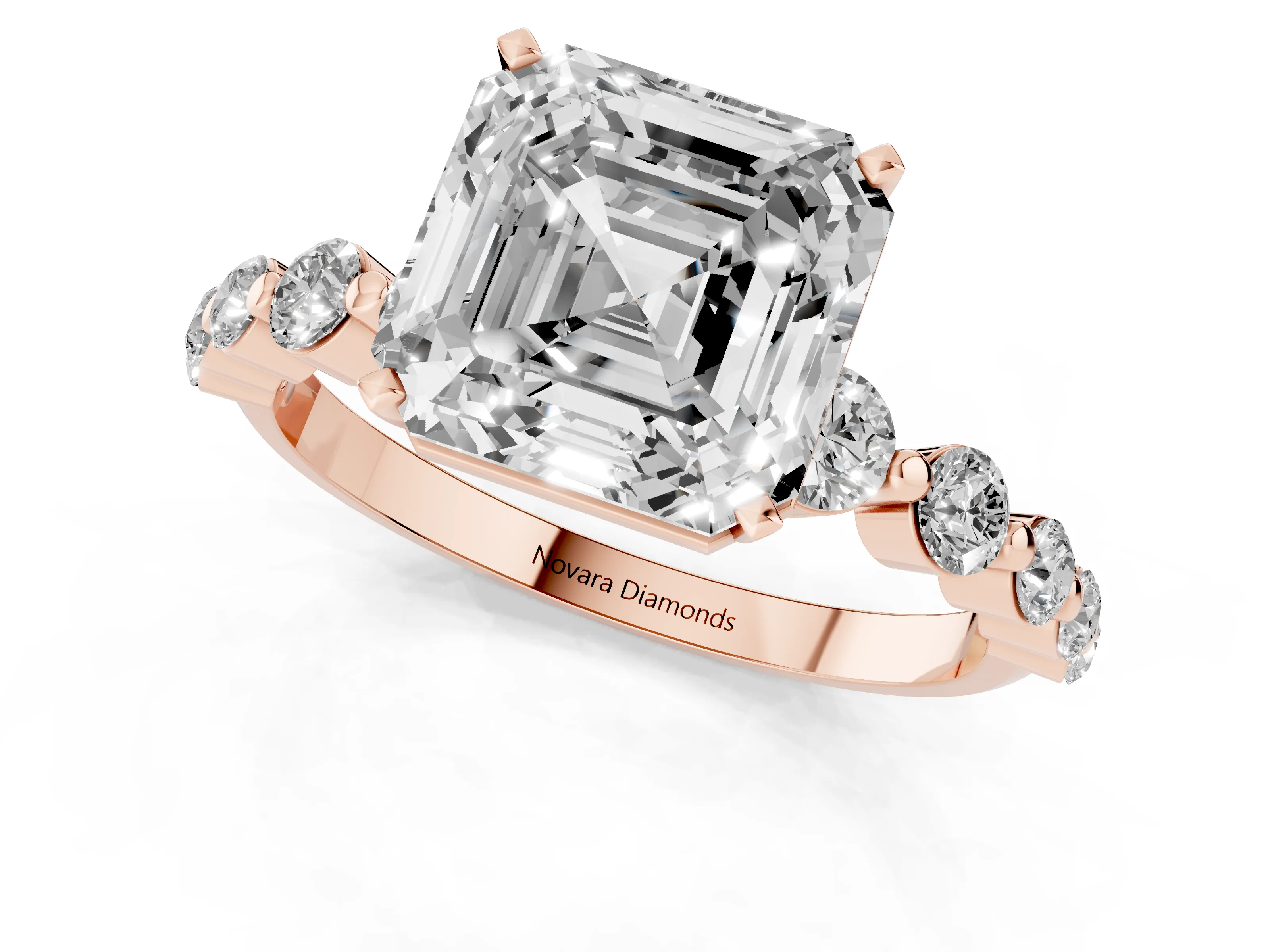 Asscher Cut Diamond Solitaire Ring Set in Rose gold with Pavé Band and Prong Setting