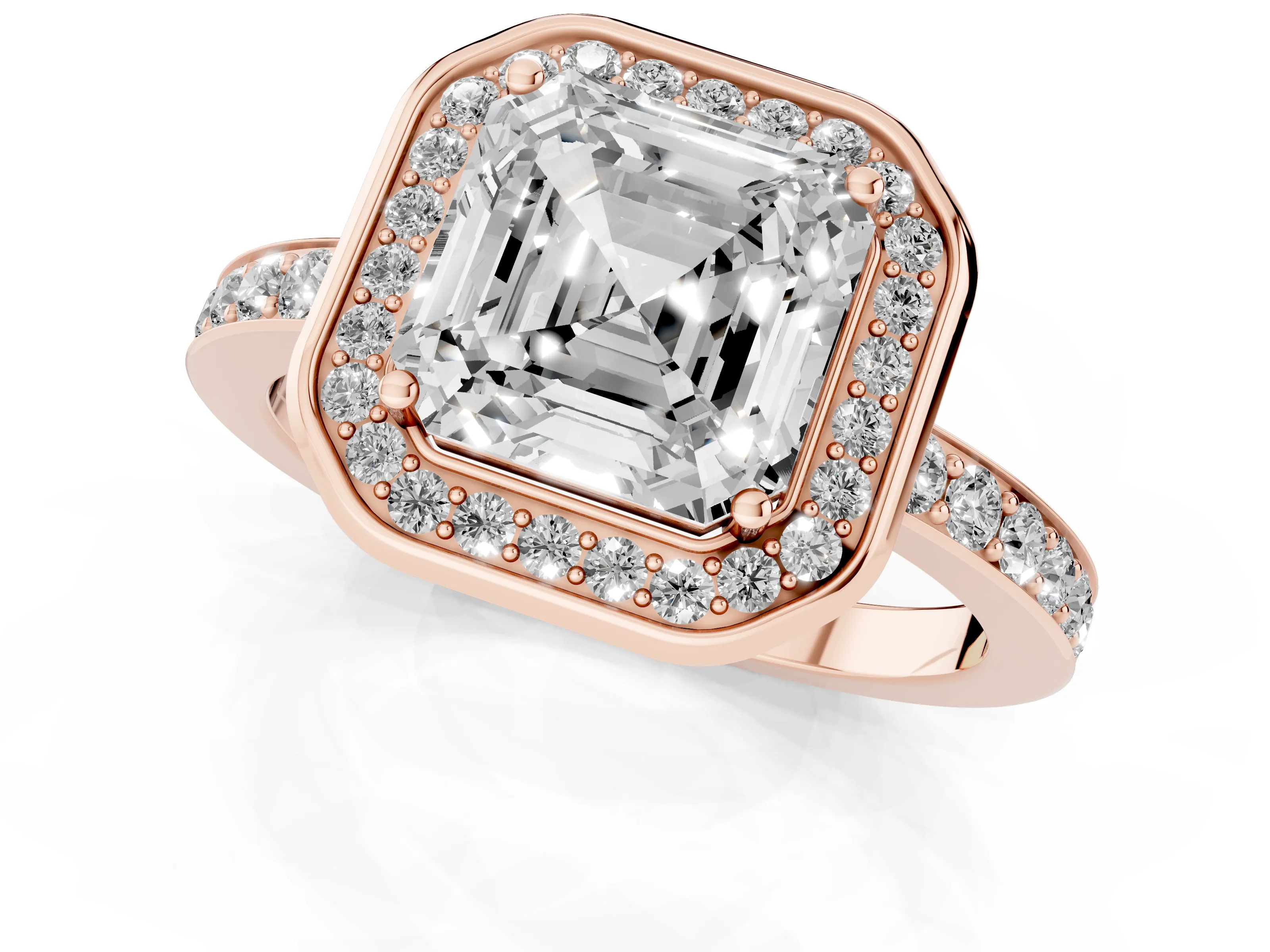 Asscher Cut Diamond Halo Ring Set in Rose gold with Bezel Frame and Pavé Band