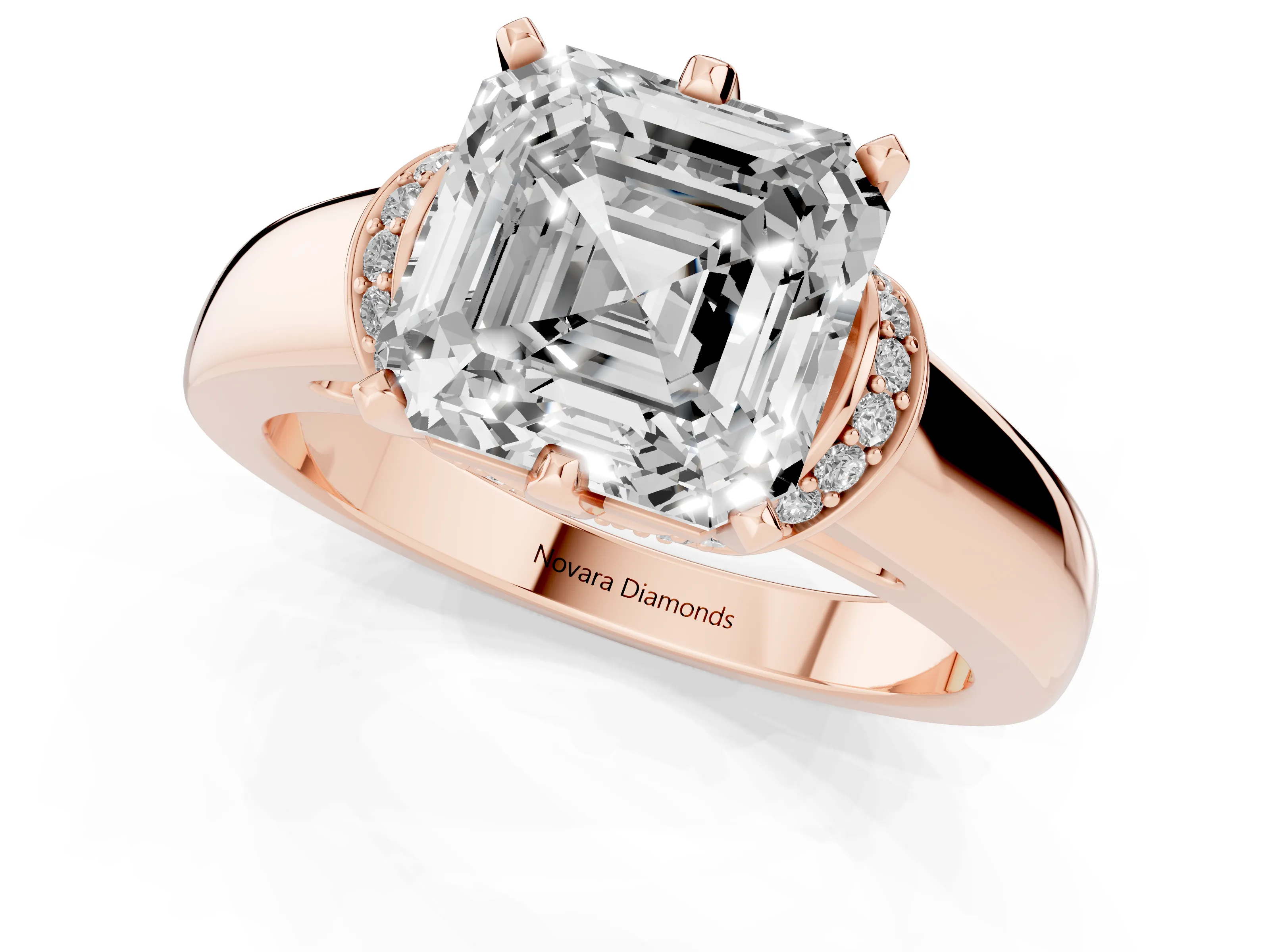 Asscher Cut Diamond Pavé Band Solitaire Ring Set in Rose gold with Prong Setting