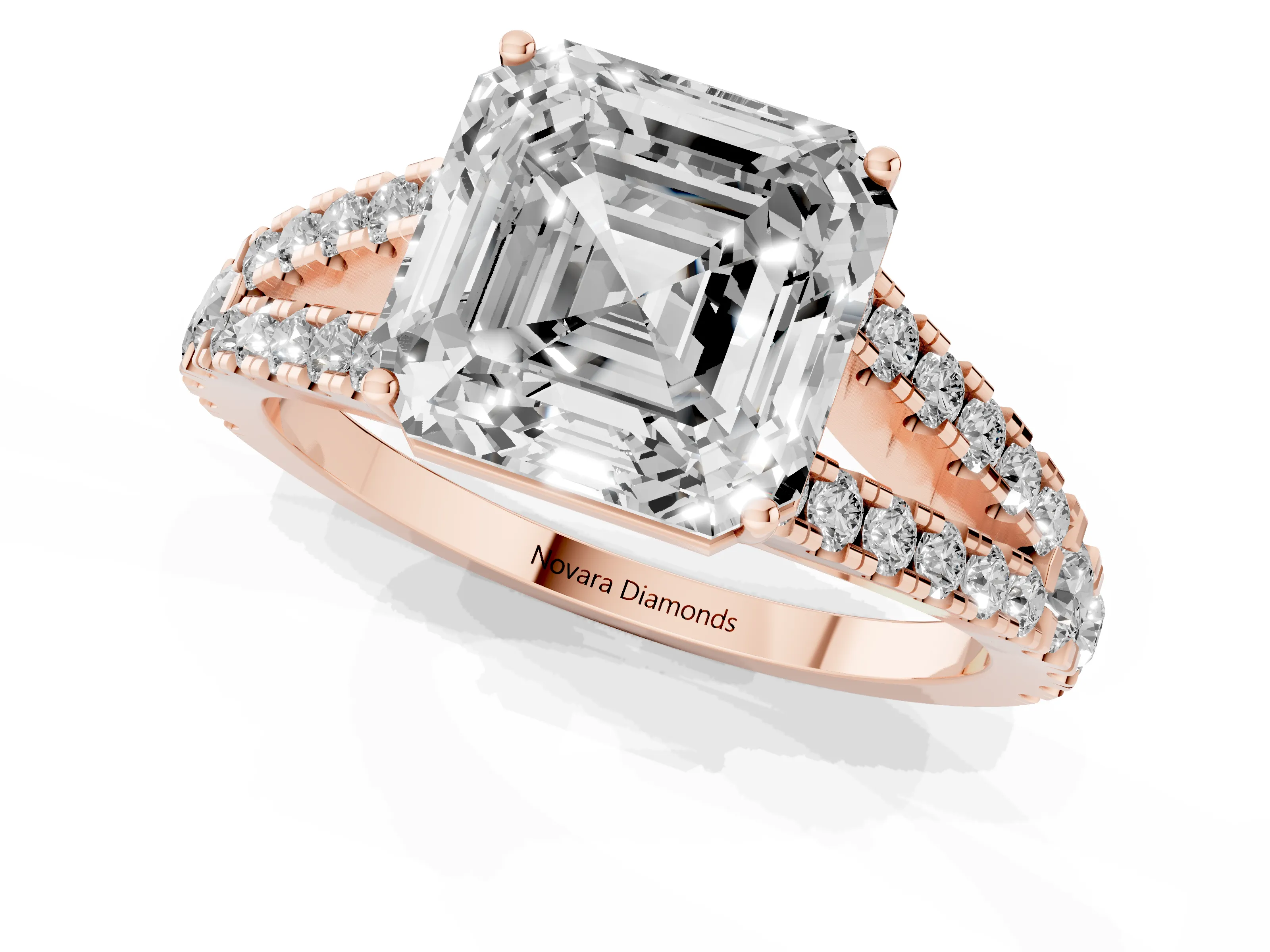Asscher Cut Diamond Split Shank Engagement Ring Set in Rose gold with Round Pavé and Prong Setting