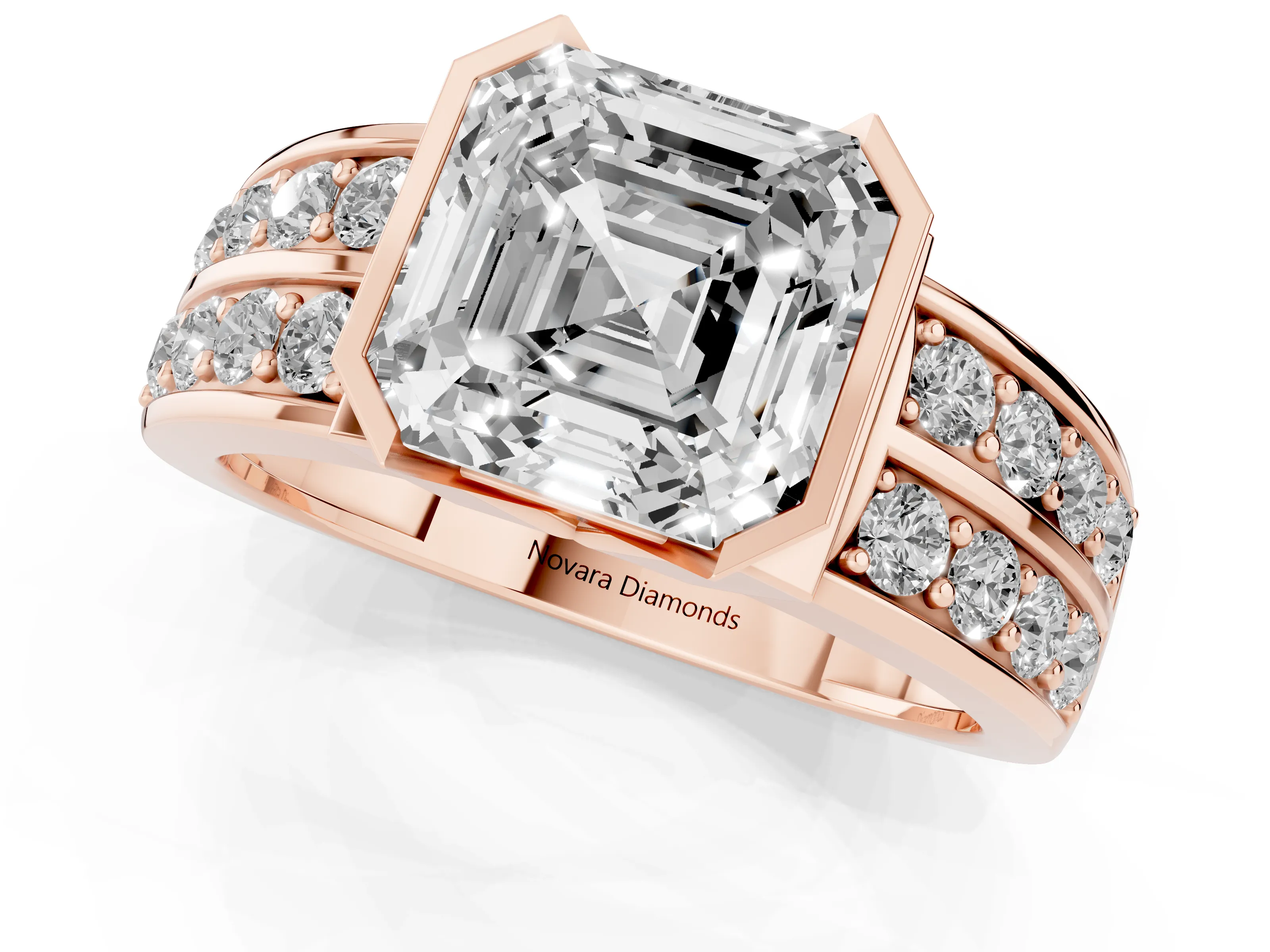 Asscher Cut Diamond Wide Channel Set Band Ring Set in Rose gold with Bezel Setting