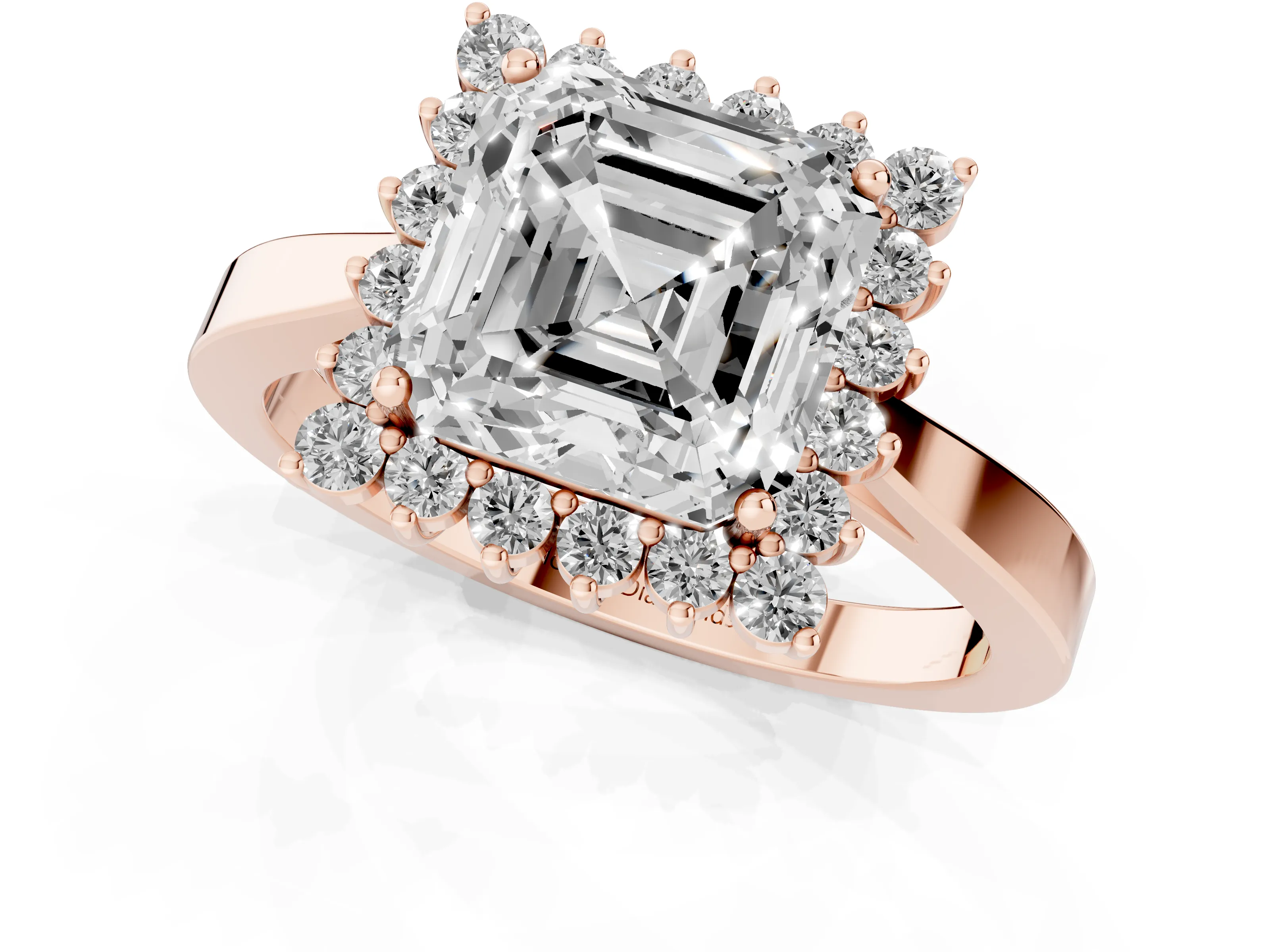 Asscher Cut Diamond Halo Ring Set in Rose gold with Round Halo and Smooth Solitaire Band